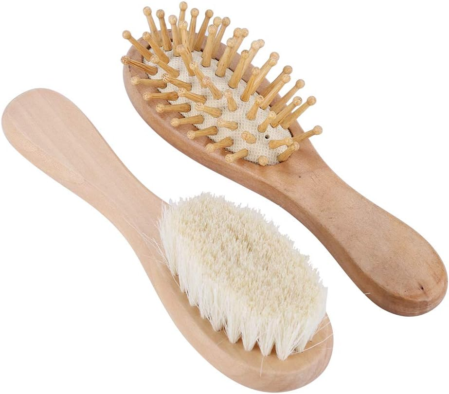 Baby Hair Brush Comb Set, Soft Natural Goat Hair Bristles Brush Wooden Head Massage Comb Bathing Tool Shower Registry Cradle Cap Infant Kids Newborn image number 4
