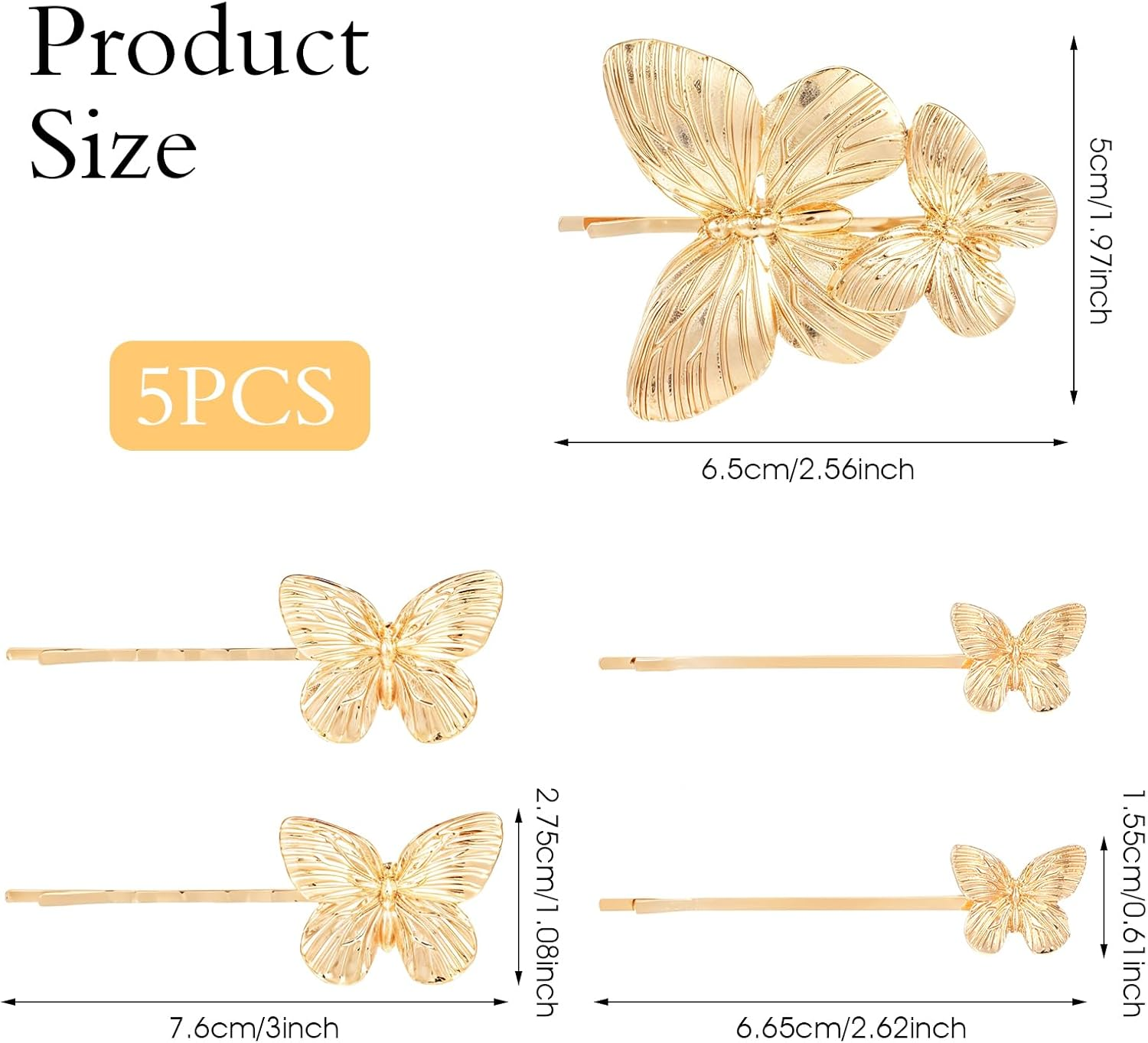 Ymapinc Pack of 5 Butterfly Hair Clips Women'S Cute Butterfly Hair Clip Gold Hairstyles Accessories for Birthday Parties Wedding Parties (7.6 Cm, 6.65 Cm, 6.5 Cm) image number 3