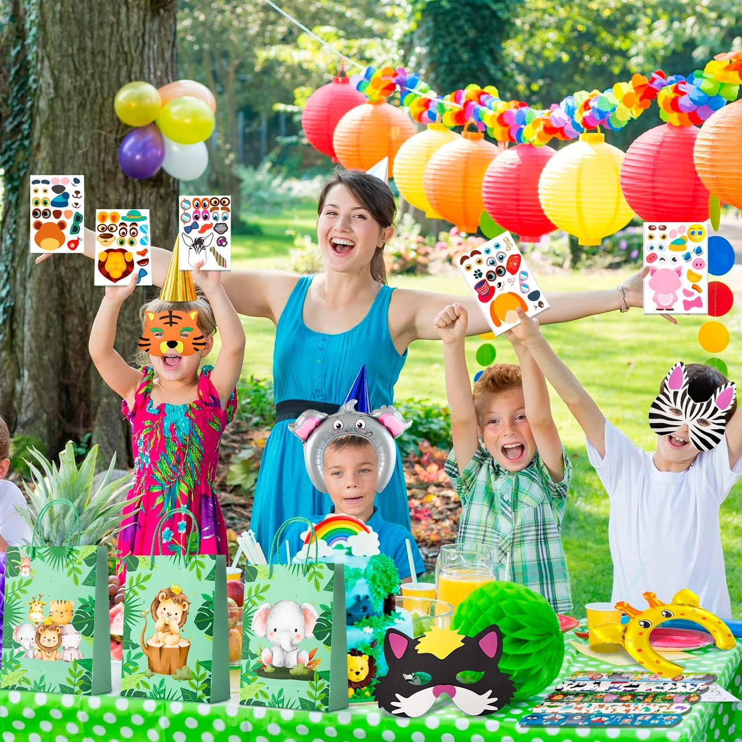 Jungle Safari Party Favors, 60Pcs Jungle Safari Birthday Party Favors Set Includes Safari Party Slap Bracelets Stickers Straws Balloon, Animal Mask, Safari Goodie Bags Etc Jungle Party Favors for Kids image number 3