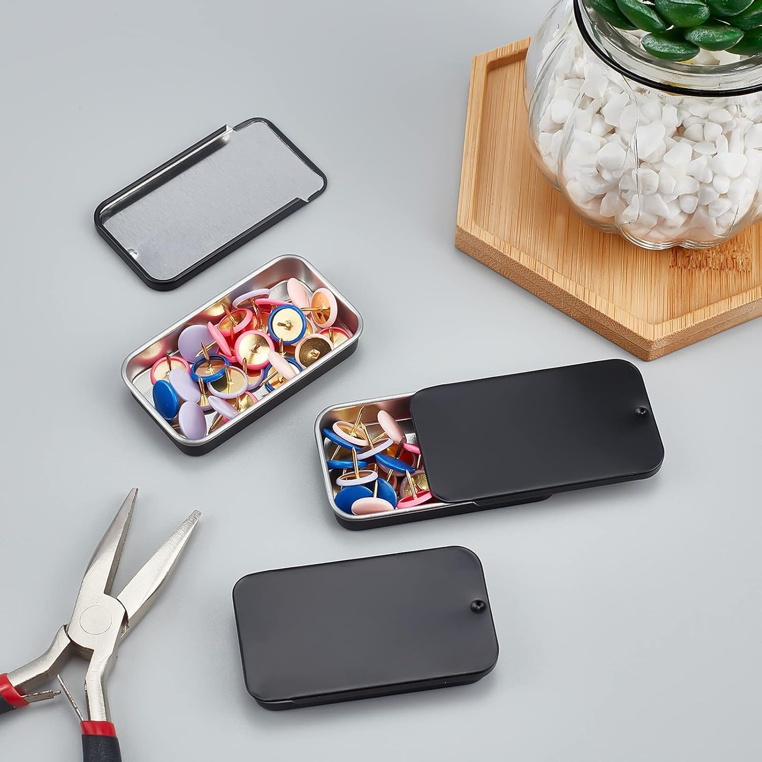 20Pcs Mini Portable Slide Top Small Tin Containers,2.36" X 1.34" X 0.39"Metal Tins Box Empty Storage Organizer Tins with Lids for Lip Balm Candies Candles (&lrm;Black) image number 2