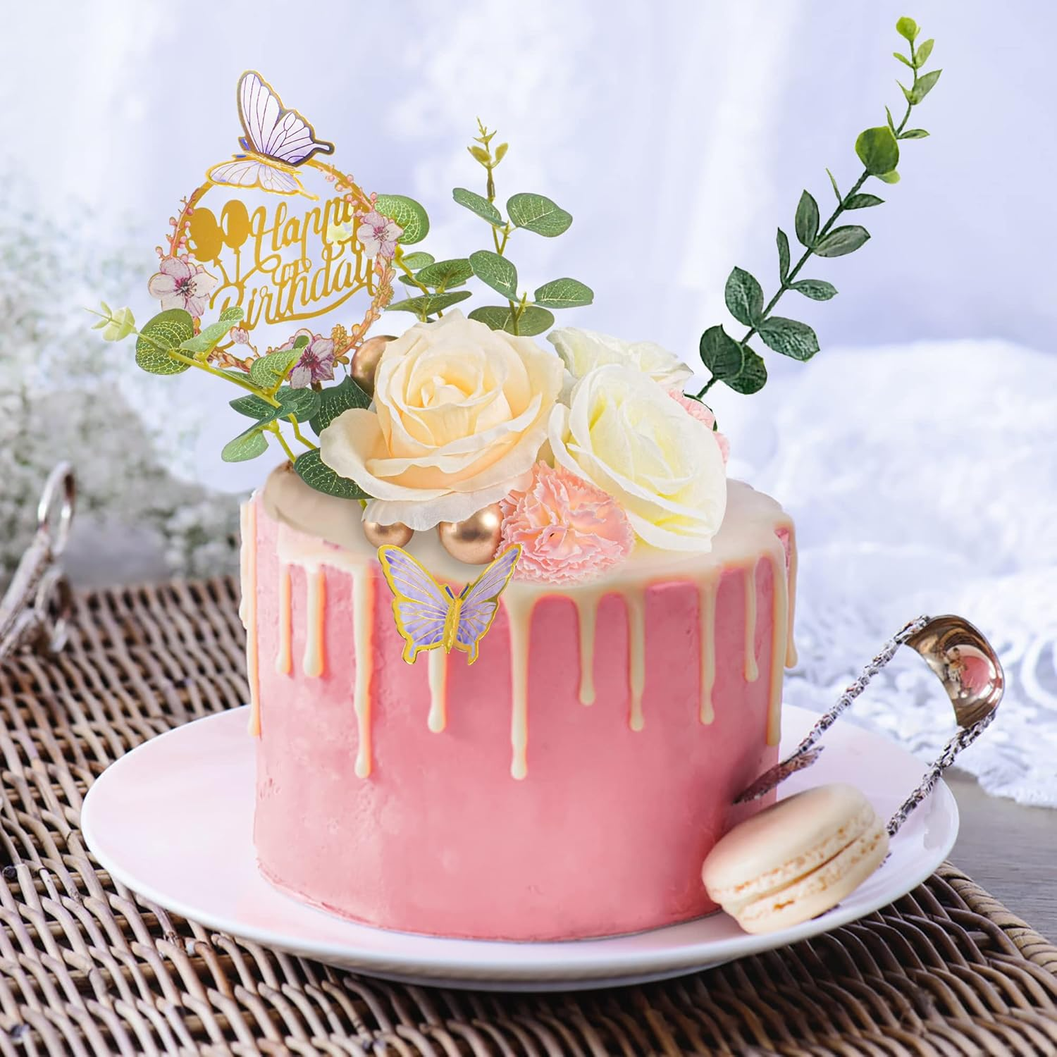 28Pcs 3D Butterfly Flower Cake Toppers Rose Flowers Acrylic Happy Birthday Cake Topper Carnation Flowers Colorful Balls Eucalyptus Leaves Cake Decorations for Birthday Party Wedding Baby Shower Supplies image number 3