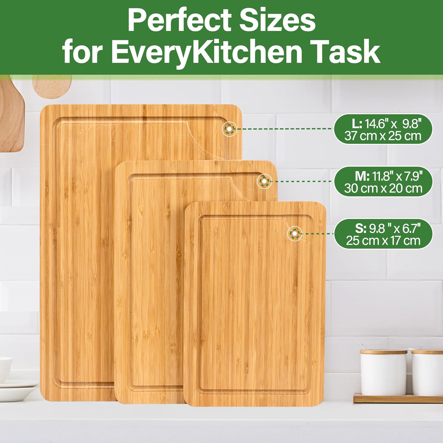 TJ POP Bamboo Chopping Board 3-Piece, Cutting Board Set with Juice Groove, Wooden Chopping Boards with Stand, Perfect for Kitchen Meal Prep & Serving image number 1