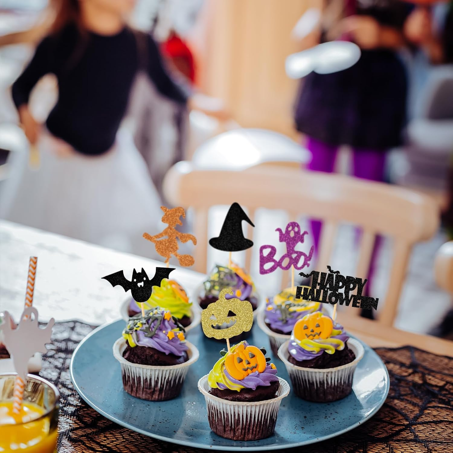 45 PCS Halloween Cupcake Topper Glitter Ghost Boo Witch Hat Bat Pumpkin Spider Cupcake Picks for Baby Shower Kids Birthday Horror Movie Theme Party Cake Decorations Supplies image number 4