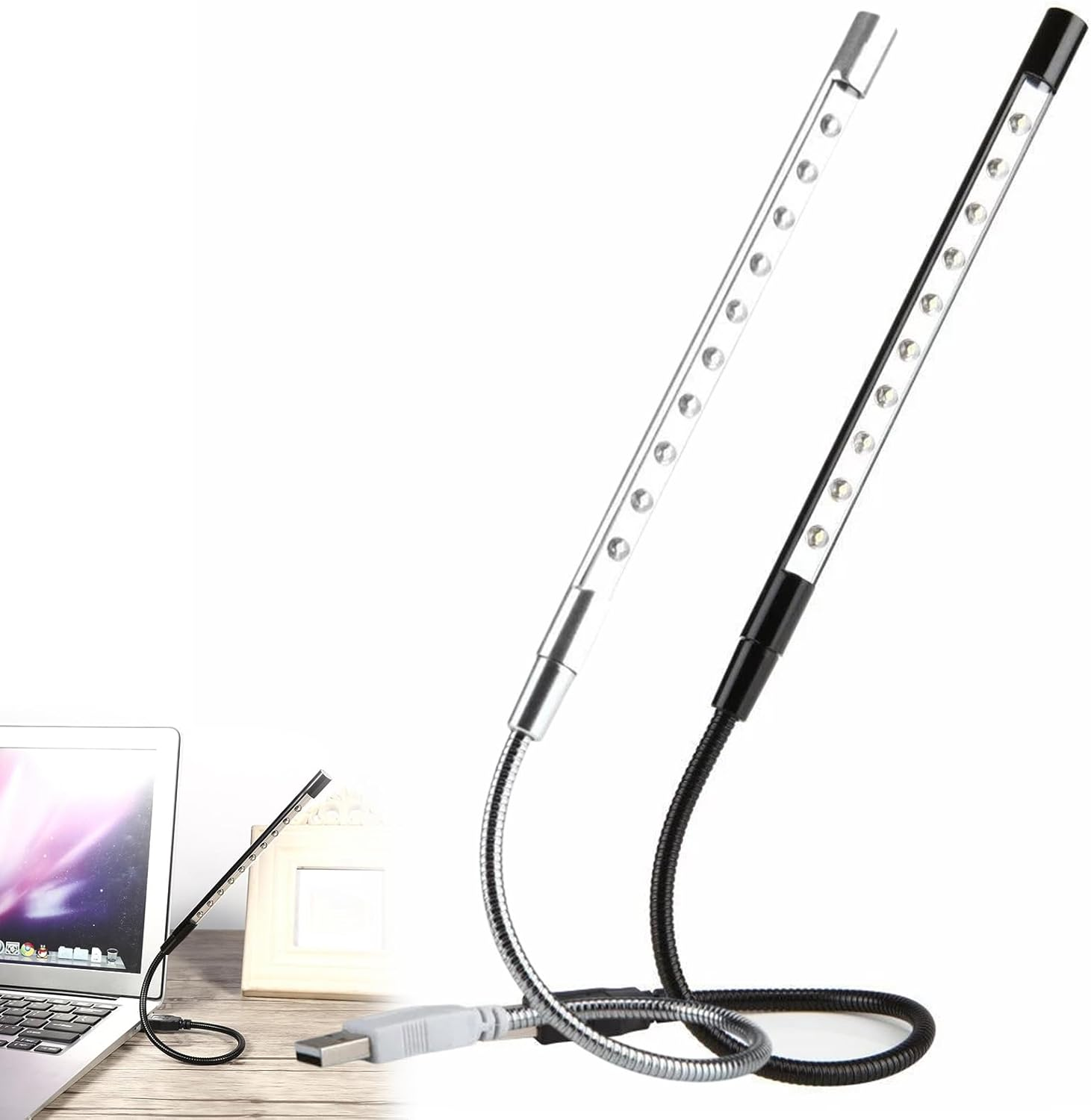Cerioll USB Connection Reading Lamp, USB Gooseneck Lamp, Pack of 2 Notebook Reading Lamps, Flexible LED Reading Light with Gooseneck, for Book, Laptop, PC Computer (Black + Silver) image number 1