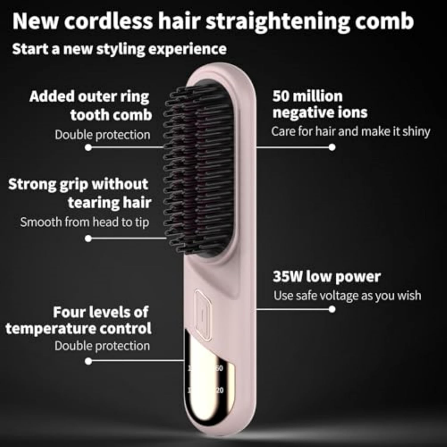 Nebula-X ECO Cordless Hair Straightener Brush, Portable Mini Ionic Straightening Comb for Travel, Women (Makaron Pink) image number 5