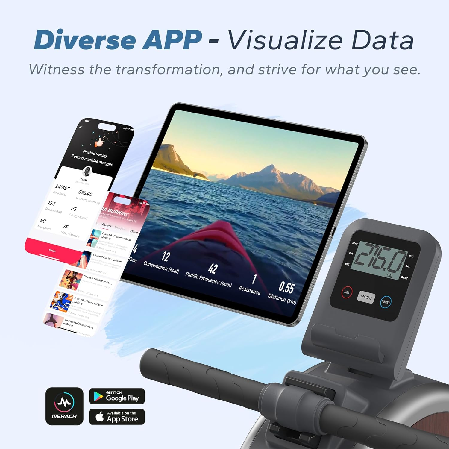 Merach Rowing Machines for Home, Quiet Magnetic Rower Machine 16 Levels of Resistance, Dual Slide Rail with Max 350Lb Weight Capacity, App Compatible with LCD Monitor, Q1S - White image number 5