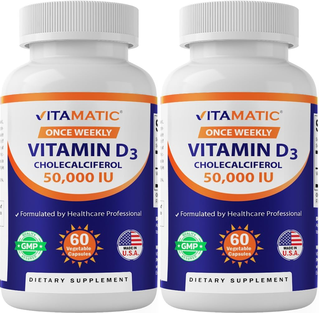 2 Pack - Vitamatic Vitamin D3 50,000 IU (As Cholecalciferol), Once Weekly Dose, 1250 Mcg, 60 Veggie Capsules 1 Year Supply, Progressive Formula Helping Vitamin D Deficiencies (Total 120 Veg Capsules) image number 3