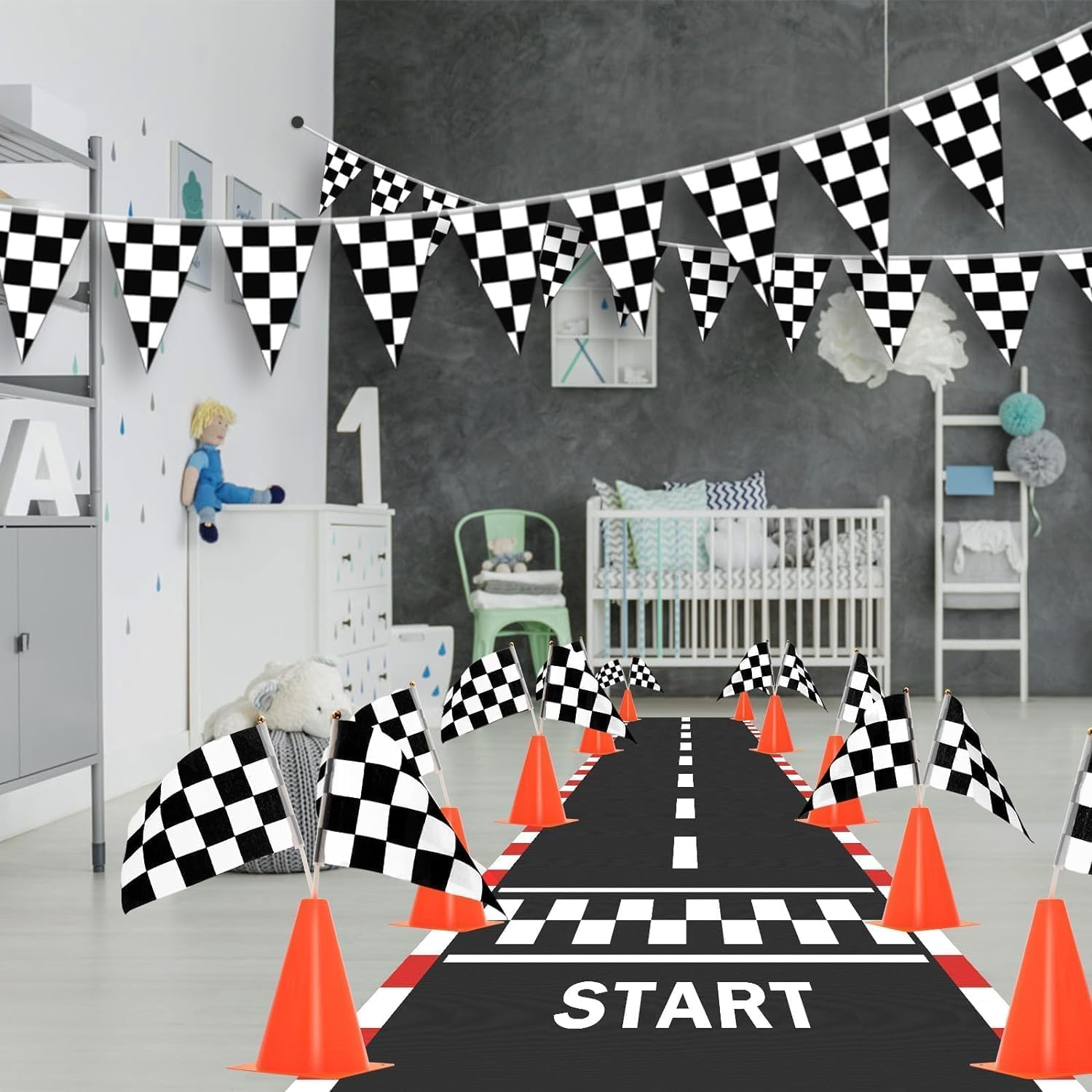 38 Packtraffic Cones and Racing Checkered Flags for Race Car Party Supplies Include 24 Checkered Flag/12 Mini Traffic Cones /6.9Ft Racetrack Floor Running /10Ft Hanging Checkered Flag image number 5