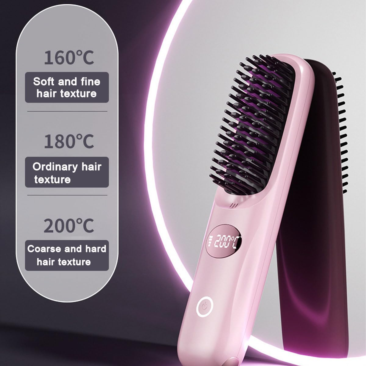 Hair Straightener Brush Cordless, Mini Hair Straightening Brush with USB Rechargeable, LED Display, Fast Heating, Portable Heating Brush for Travel, Mini Hot Ionic Straightener Comb for Women, Pink - Black image number 7