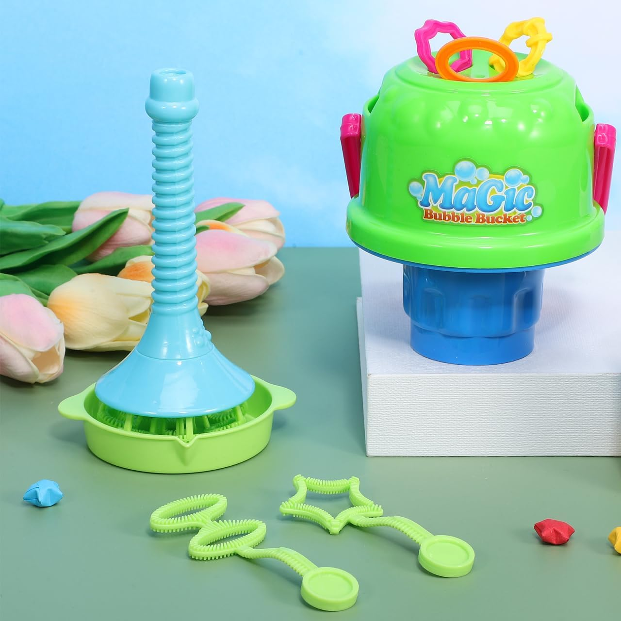 Totority Kids Bubble Machine Set - Spill Proof Bucket & Horn Bubble Wand, Safe Abs Plastic, Sound Effects, Portable & Easy to Use for Outdoor Play image number 1