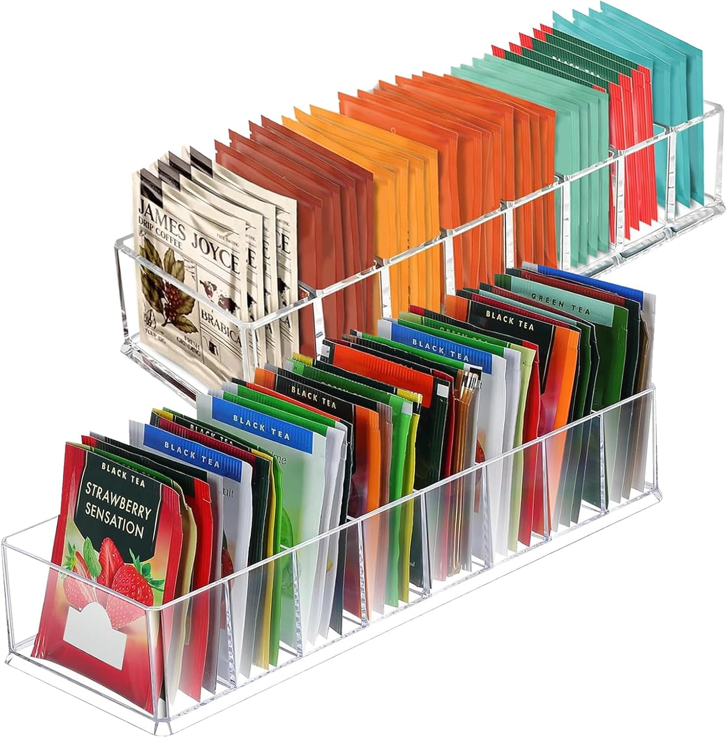 2 Pack Tea Bag Organizer, Clear Tea Bag Holder Tea Packet Storage Multi-Use Organizer for Tea Bags Spices Coffee Pods & Herbs for Drawer Pantry Kitchen Cabinet Countertop image number 1
