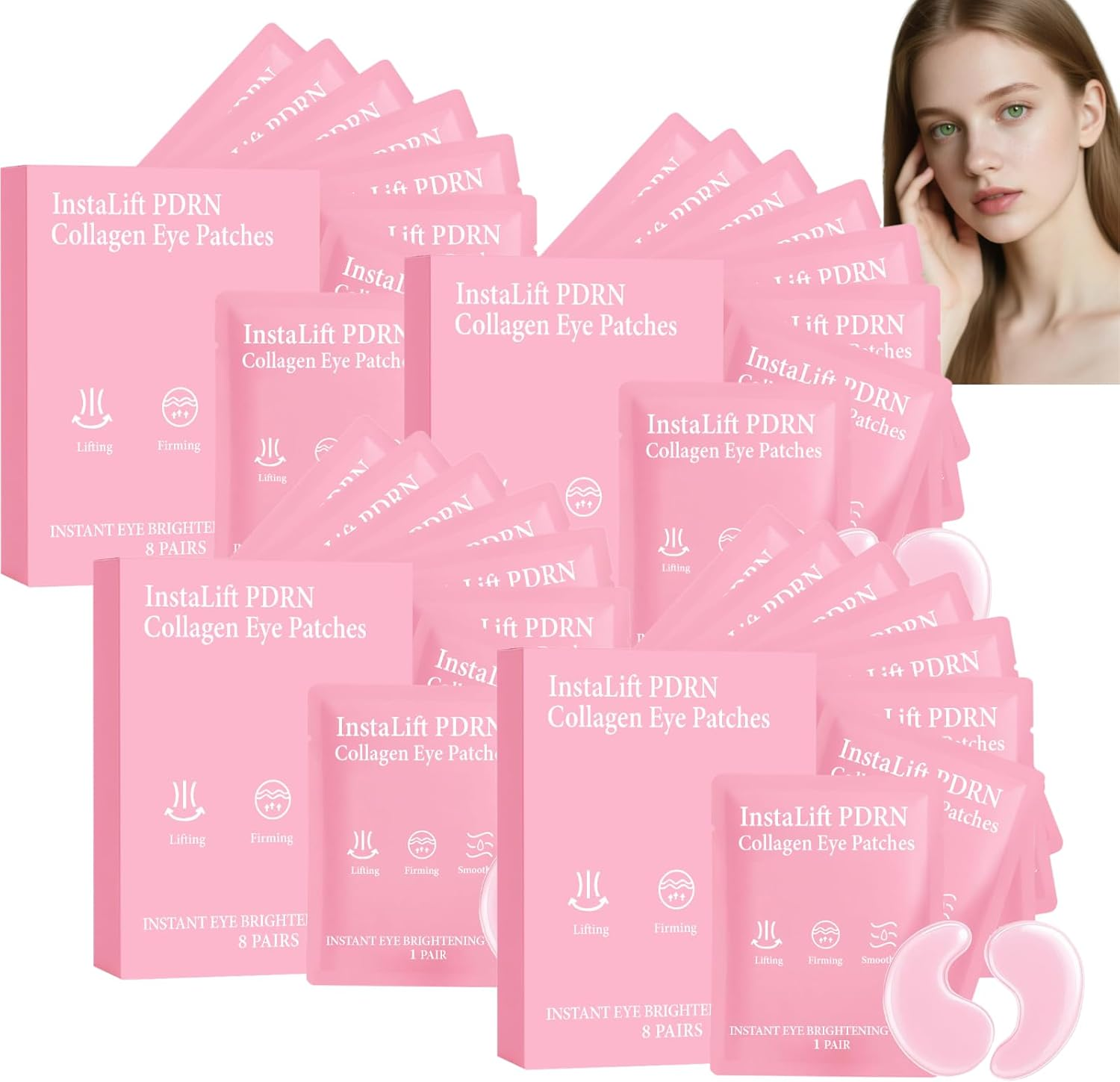 Instalift PDRN Collagen Eye Patches, Firming Lifting under Eye Masks for Puffiness and Dark Circles, Smoothing Hydrating Gel Pads for Tired Eyes, Eye Brightening Care with Collagen & PDRN (1Box)
