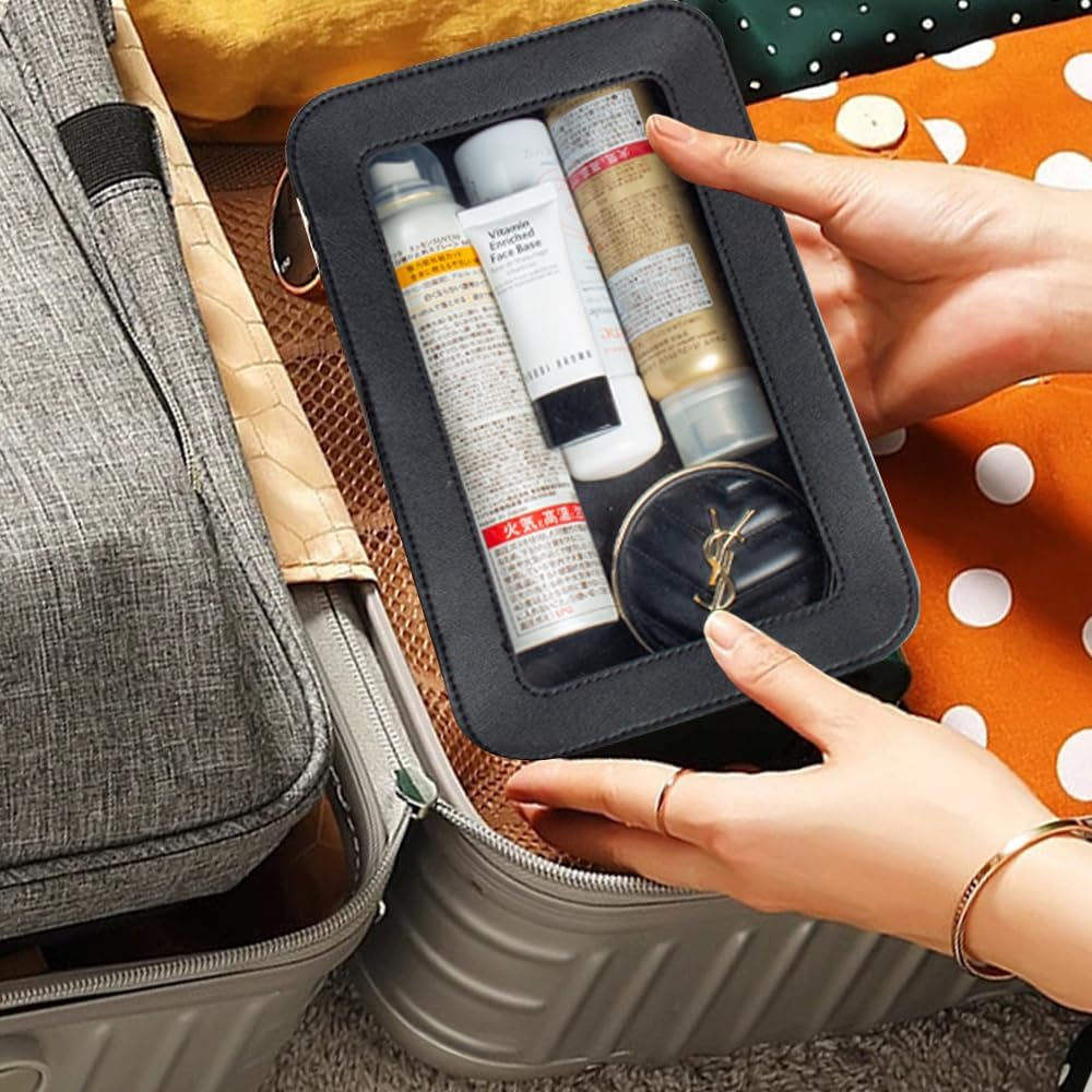 2Pcs Clear Makeup Bag Organizer, TSA Approved Portable Travel Toiletry Bag Set Multipurpose Cosmetic Bag Case for Women Vegan Leather Make up Pouch Makeup Brushes Storage Case Bags (Black C Set) image number 5