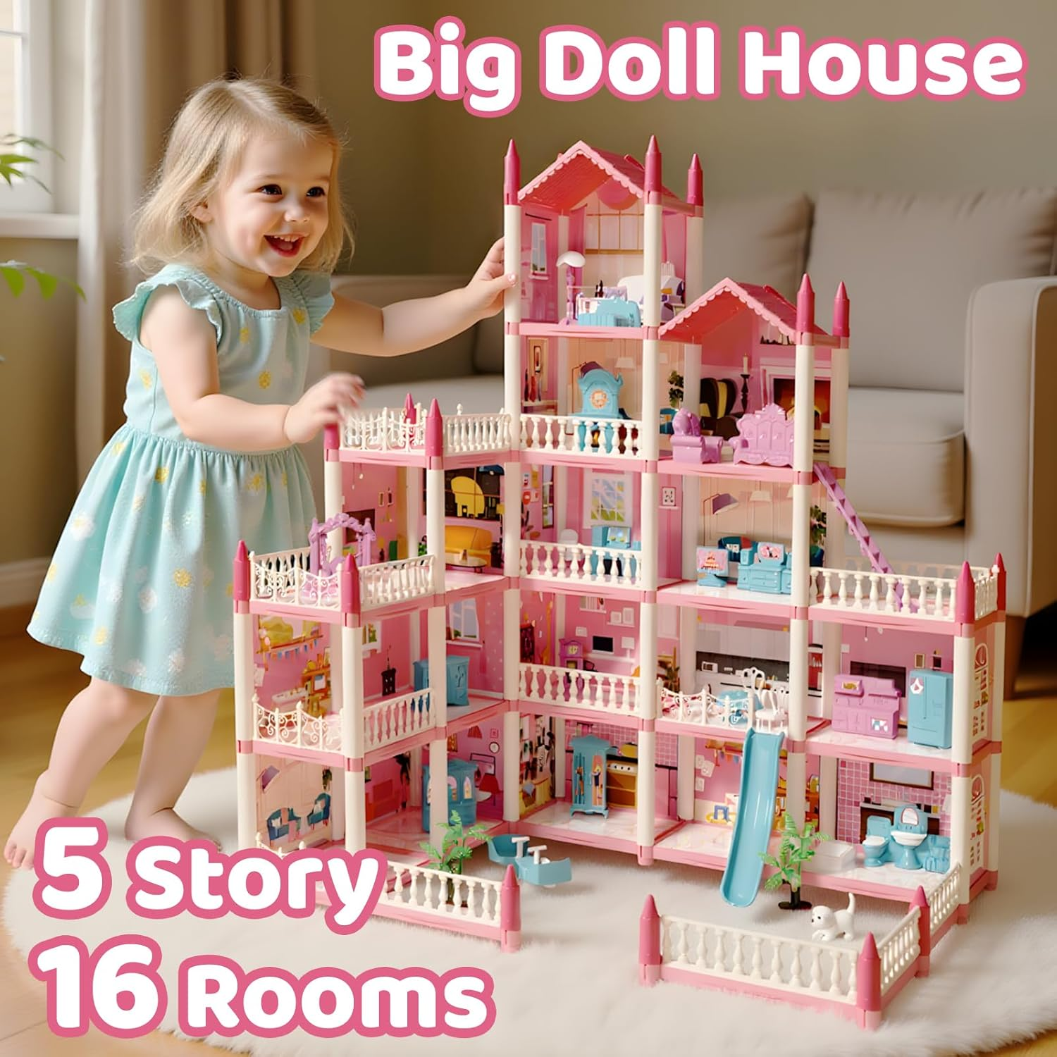 Doll Houses for Girls, Dream Dollhouse Pretend-Play DIY Playhouse Kit Toy - 5-Story 16 Rooms Dollhouse with 4 Dolls & Furniture & Flashing Lights Princess Building Doll House for Ages 3 4 5 6 7 8 image number 4