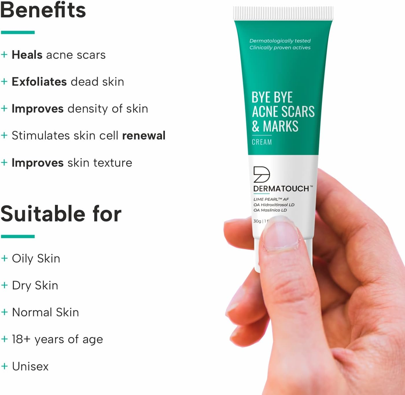 DERMATOUCH Bye Bye Acne Scars & Marks Cream || Acne Scars Corrector || Formulated Specially to Address Scars & Marks || Suitable for All Skin Types - 30 G (Pack of 1)