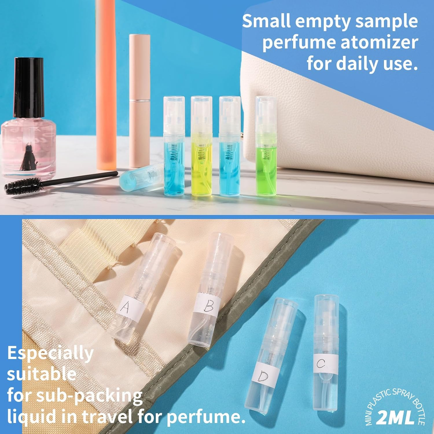 Fandamei Mini Spray Bottle, 60PCS 2Ml Mini Clear Plastic Spray Bottle Empty, Fine Mist Refillable Mini Perfume Bottle. Small Empty Sample Containers Bottle. 2Ml, 60 Pack, Clear, FANL-093 image number 3