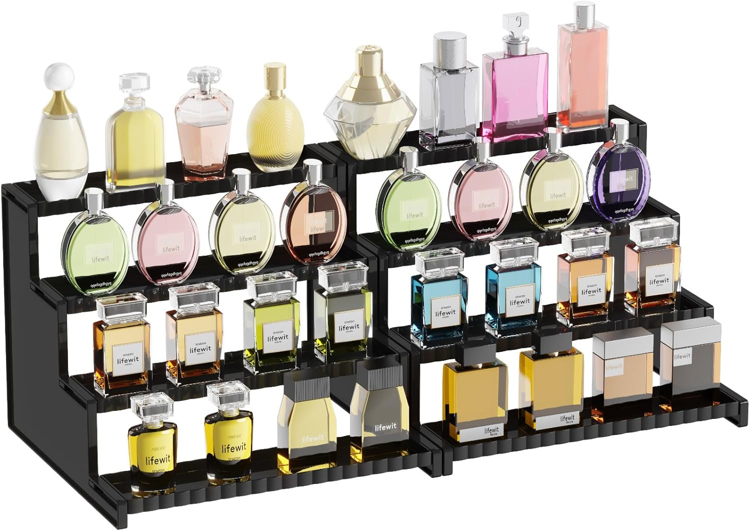 Lifewit 4 Tier Black Display Risers Stand with Decorative Fences, Plastic 12 Inch Perfume Organizer, Display for Figures, Cupcake, Dessert, Desktop Stand for Organization and Decor, 2 Pack image number 3