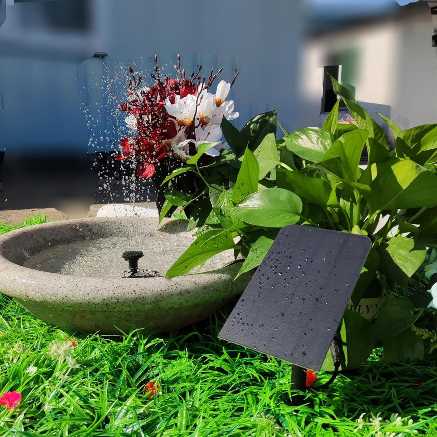 Solar Fountain 1.5W Electric Water Pump with 4 Nozzles for Garden Courtyard Pond Bird Bath Decor Black Black image number 4