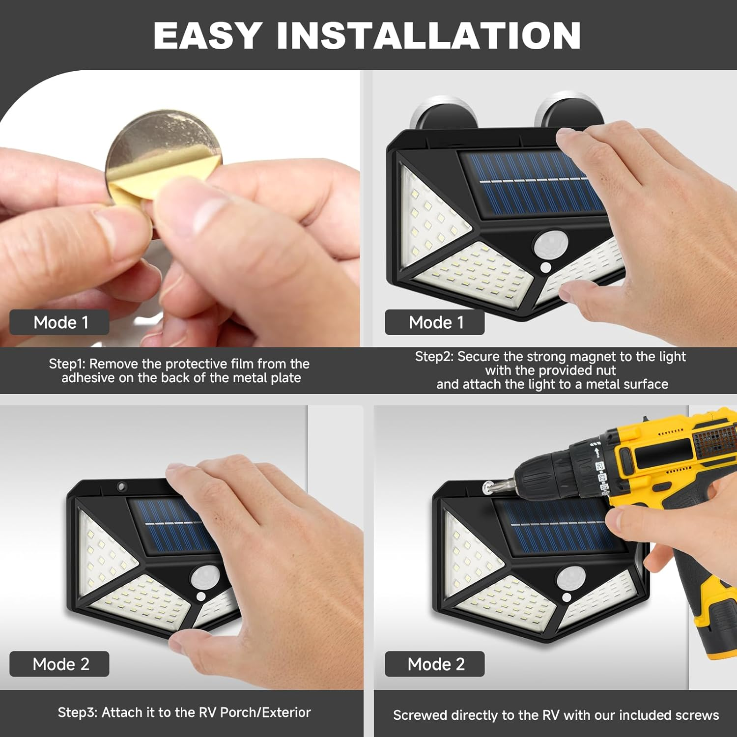 Magnetic Solar RV Light with Motion Sensor &ndash; Bright 100 LED RV Exterior Light, Waterproof RV Porch Lights for Camper, Trailer, Motorhome Outdoor&ndash; Easy Install with 2 Strong Magnets (2 Pack) image number 1