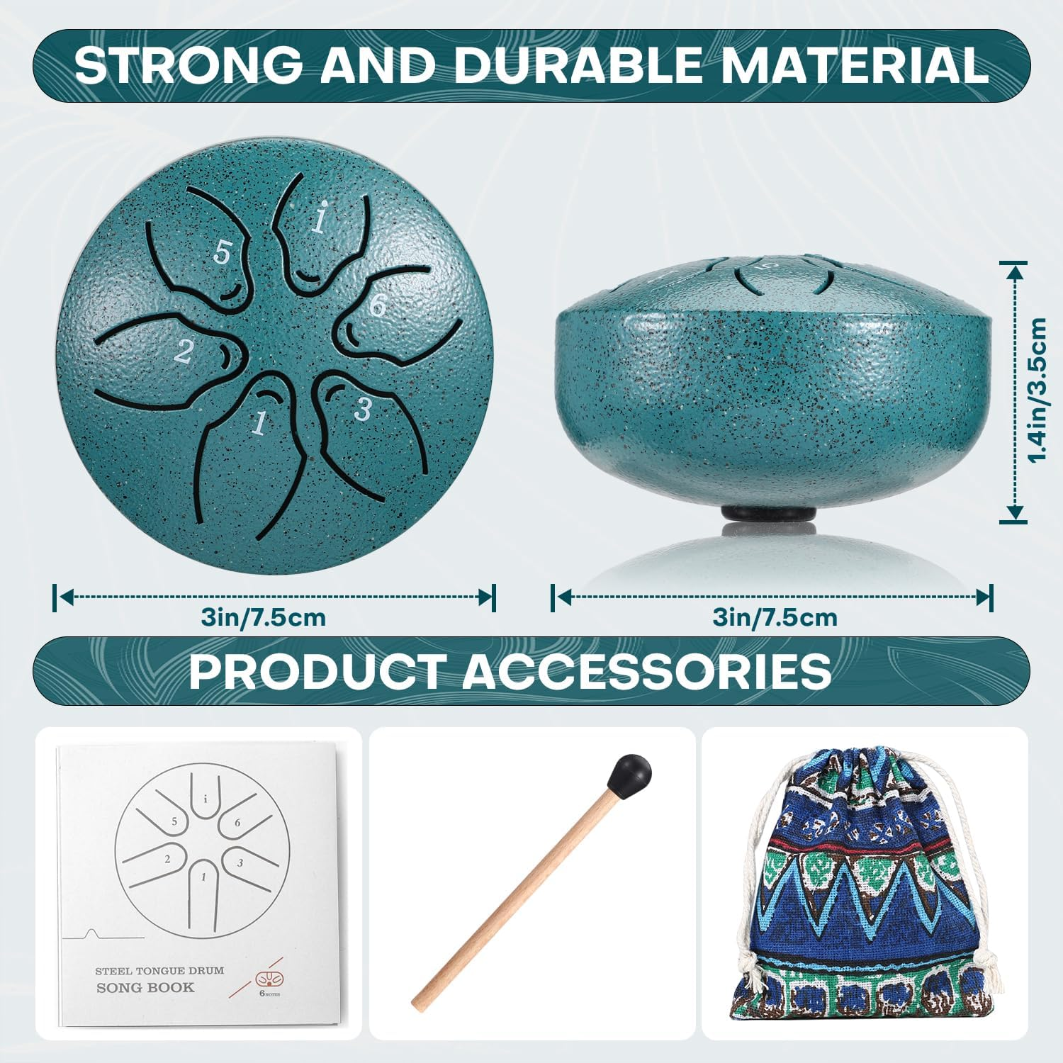 Facmogu Steel Tongue Drum Rain Chime, 3 Inch 6 Note Rain Drum for Outside, Chakra Drum for outside Garden, Mini Hand Drum with Bag- Green(Bowling Pattern) image number 2