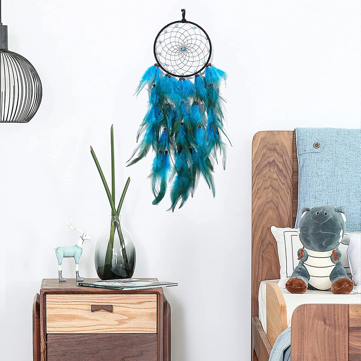 Dream Catchers with Blue Feathers, Handmade Boho Traditional Circular Net Dreamcatcher Wall Hanging Decor for Bedroom Dorm Home Ornaments Craft Gift (Black Circle) - 03-Feather-Blue image number 4