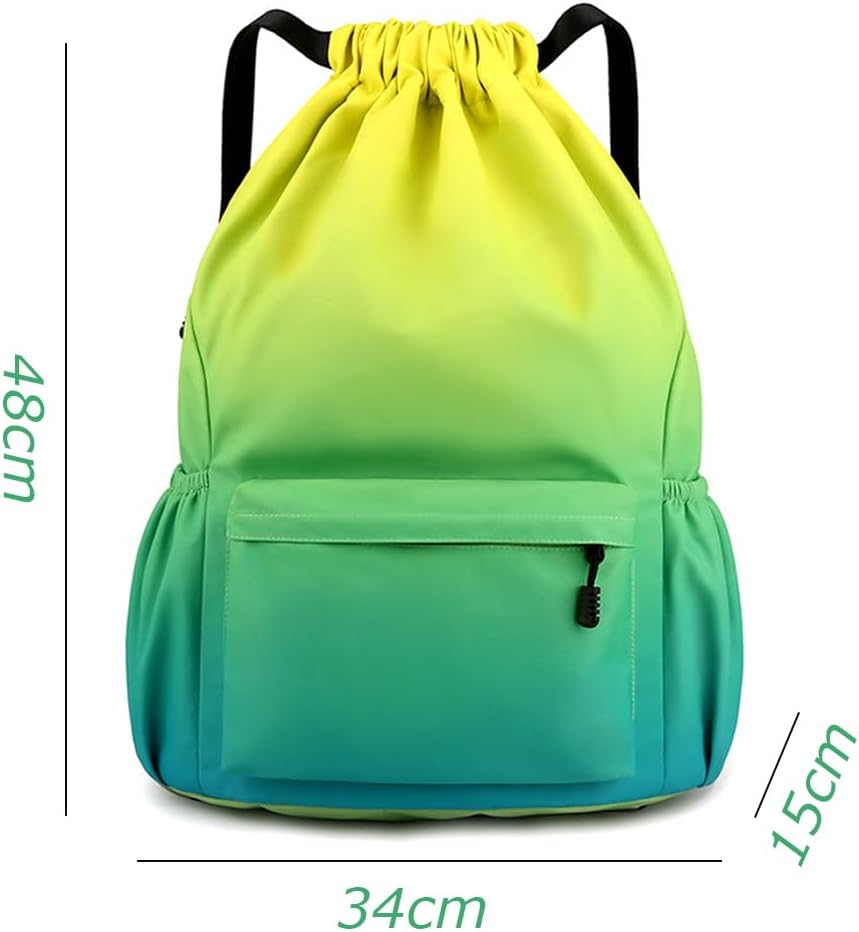 Drawstring Backpack,Waterproof Drawstring Bag,Storage Backpack,Outdoor Travelling Bag,For Sports, Work,For Men Women,With outside Zipper Pocket (Yellow Green Gradient)