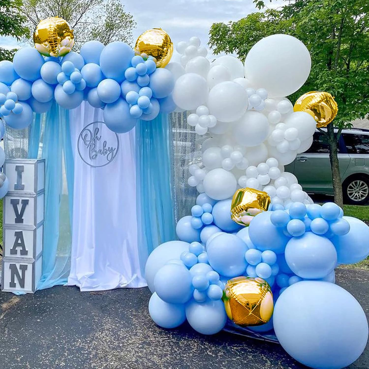 138 Pcs Blue White Balloons Garland Kit, Light Blue Balloon Arch with Gold Foil Balloons for Baby Shower Bridal Shower Boy Girls Birthday Wedding Party Teddy Bear Party Decorations