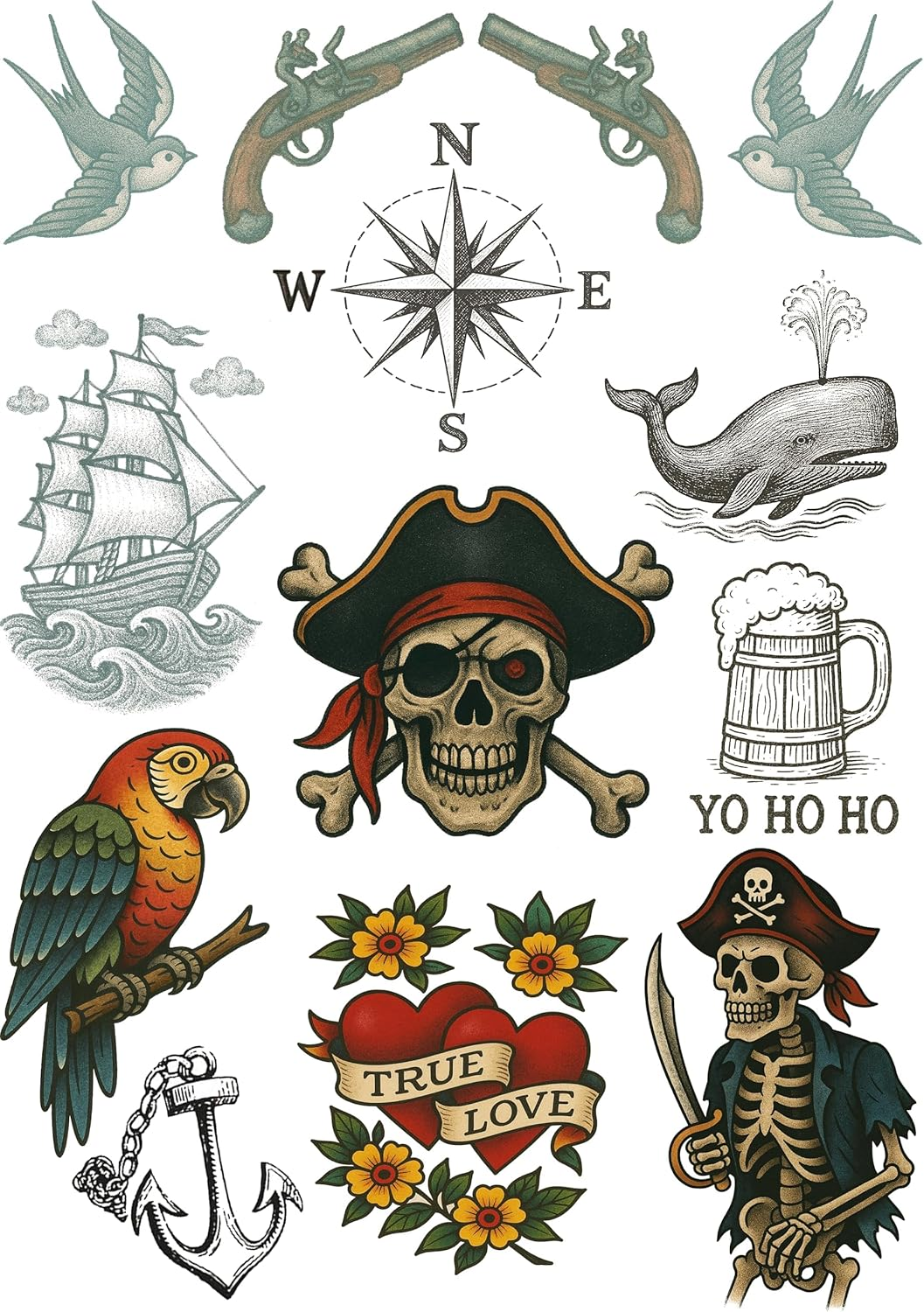 Pirate Sailor Fake Tattoos &ndash; 1 A4 Sheet &ndash; Vintage Nautical Tattoo Transfers &ndash; Realistic Pirate Ink for Film, Theatre, Cosplay &ndash; No Shine, Skin Safe image number 1