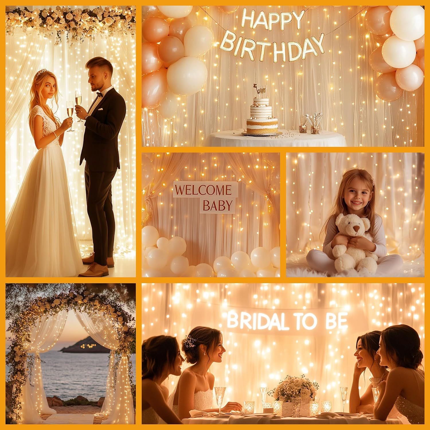 HOLITS Tulle Backdrop with Fairy Lights for Parities Wrinkle-Free Sheer Curtain Drapes Photo Back Drop for Wedding Baby Shower Bridal Shower Birthday Home D&eacute;cor-10Ft&times;8Ft, Champagne image number 1