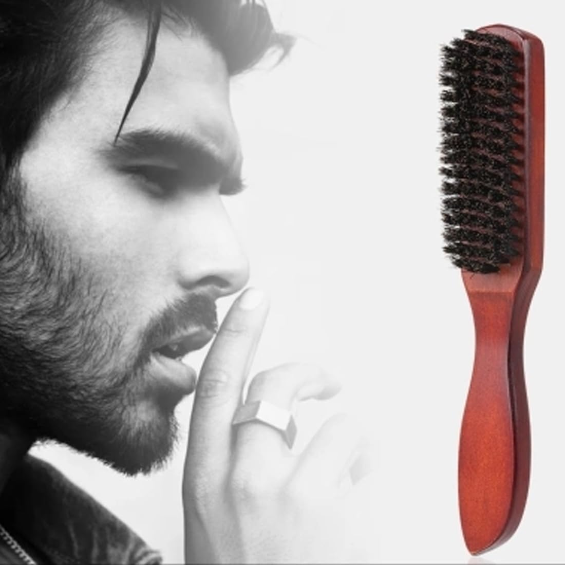 AEIOPRS 1 X Boar Bristle Brush Hair Brush with Wooden Handle Beard Comb Men Sleek Bun Brush Toupee Brush for Long Thick Curly Wavy Dry or Damaged Hair and Beard Styling image number 1