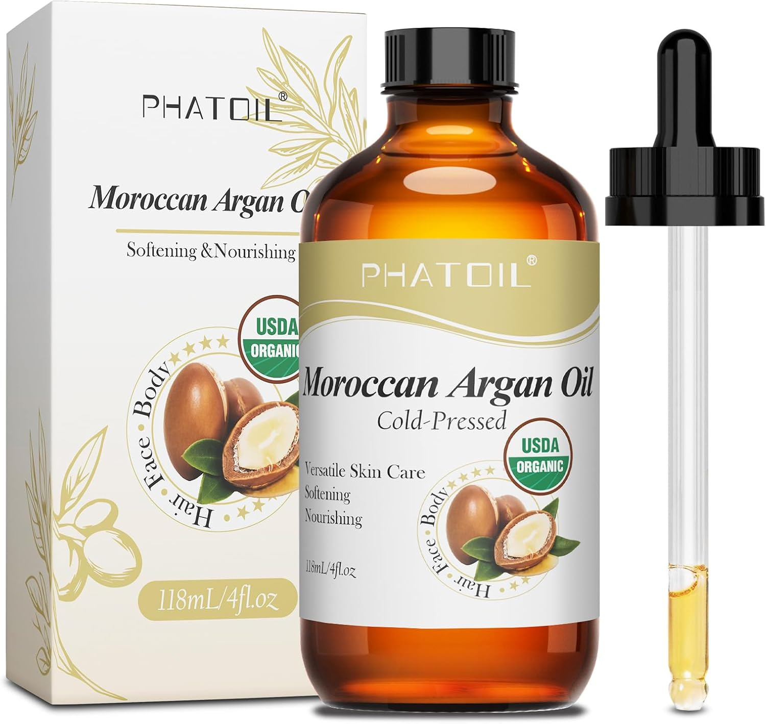 PHATOIL Organic Moroccan Argan Oil for Hair 118 Ml (4 Fl.Oz), USDA Certified Organic, Cold Pressed Argan Oil in Glass Bottle for Face, Skin & Nail Care, Ideal for All Hair Types image number 1