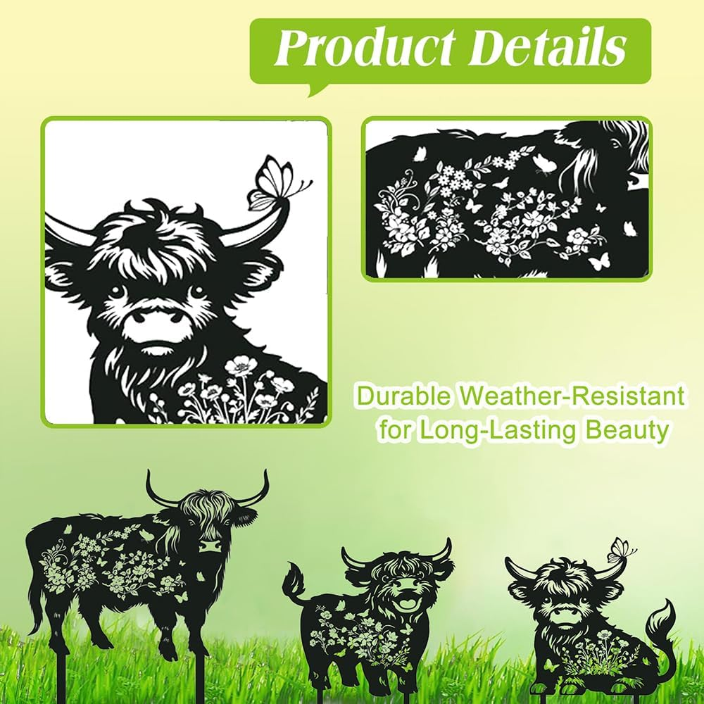 3PCS Outdoor Black Highland Cow Metal Silhouette Statues Garden Decor Sets, Outdoor Decor, Yard Art, Patio, Lawn Ornaments,Funny Outdoor Decor for Garden, Gifts for Women Men Highland Cow Lovers image number 3
