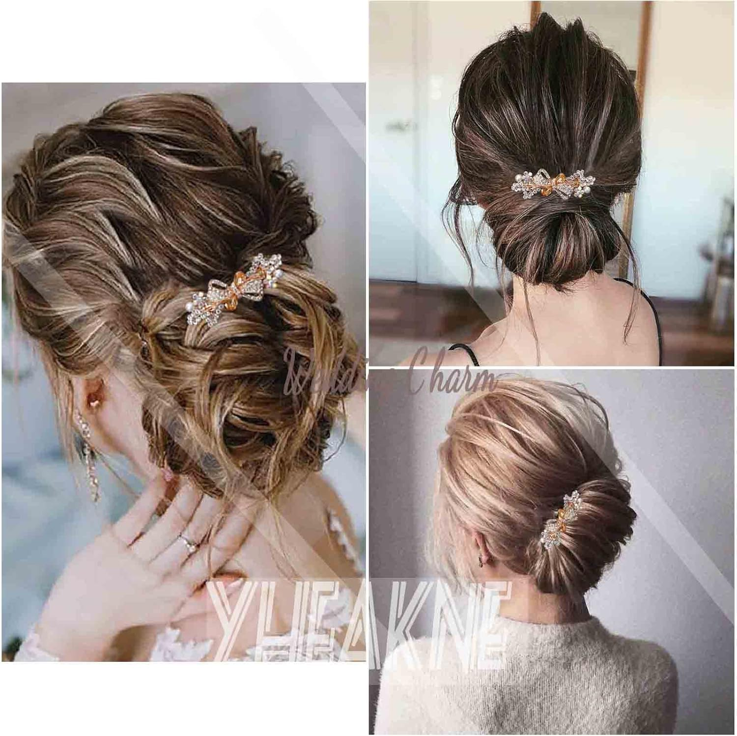 Yheakne Pearl Crystal Wedding Hair Clip Barrette Gold Rhinestone Hair Barrette Bling Bridal Headpieces Decorative Head Clip Headwear Comb Bride Hair Accessories for Women and Girls Gifts(Champagne 2)