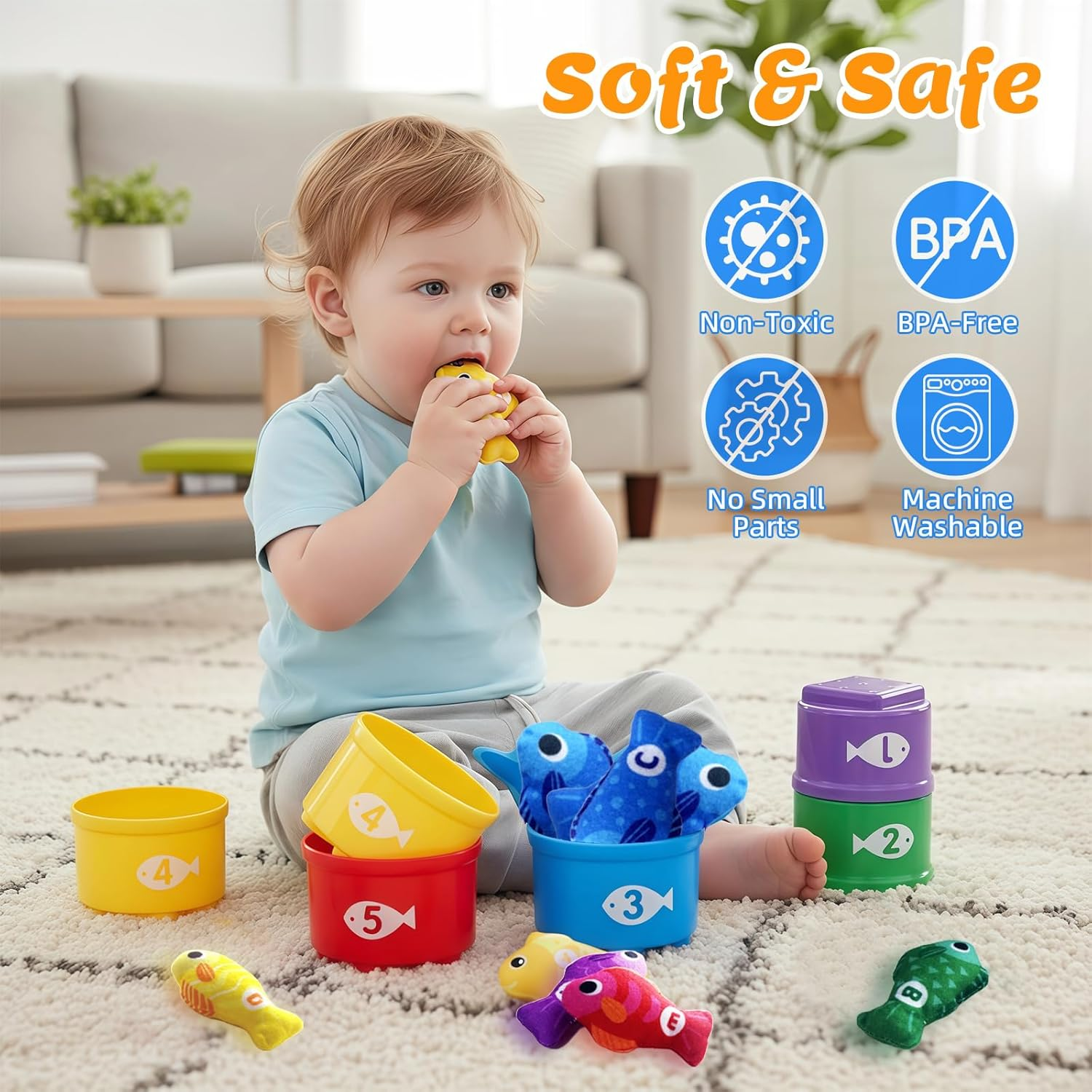 Montessori Toys for 1 2 Year Old, 2-In-1 Cloth Fishing Game & Book with Foldable Mat, Baby Toys 6-12-18 Months, Educational Learning Gift with Stacking Cups for Number, Color, Shape (Ocean) image number 1