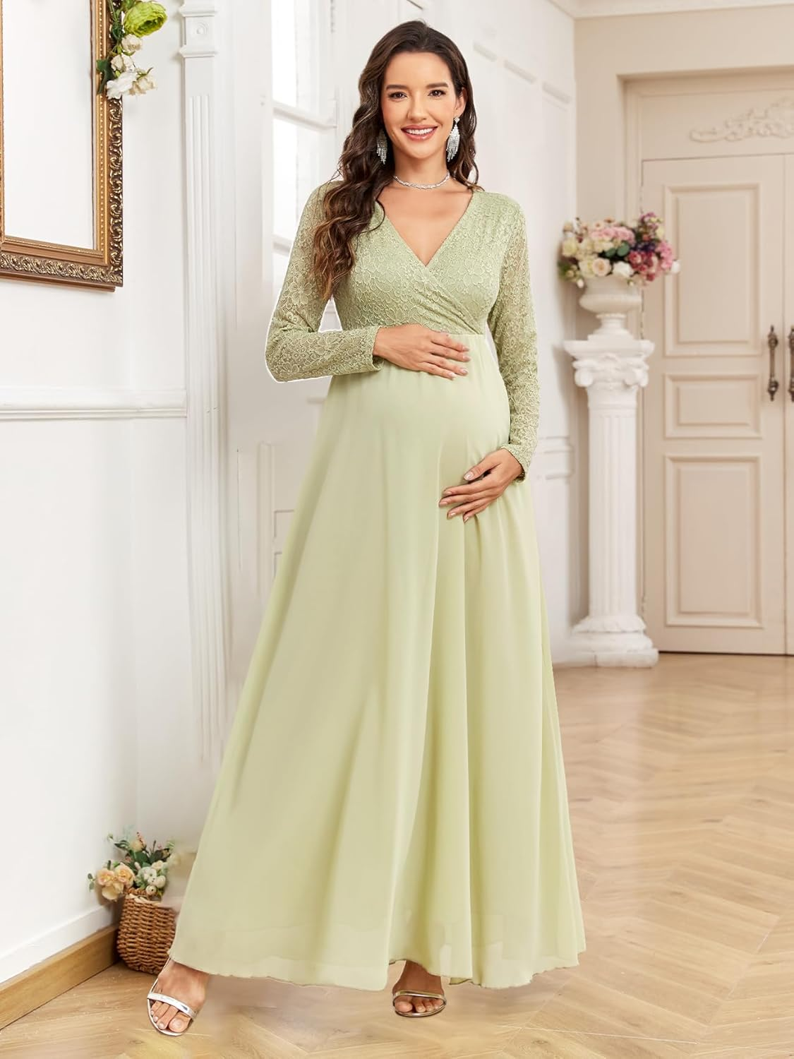 CYCLAMEN Maternity Dress Flowy A-Line Wrap Gown with Floral Lace and Contrast Chiffon Long Sleeve V Neck for Baby Shower