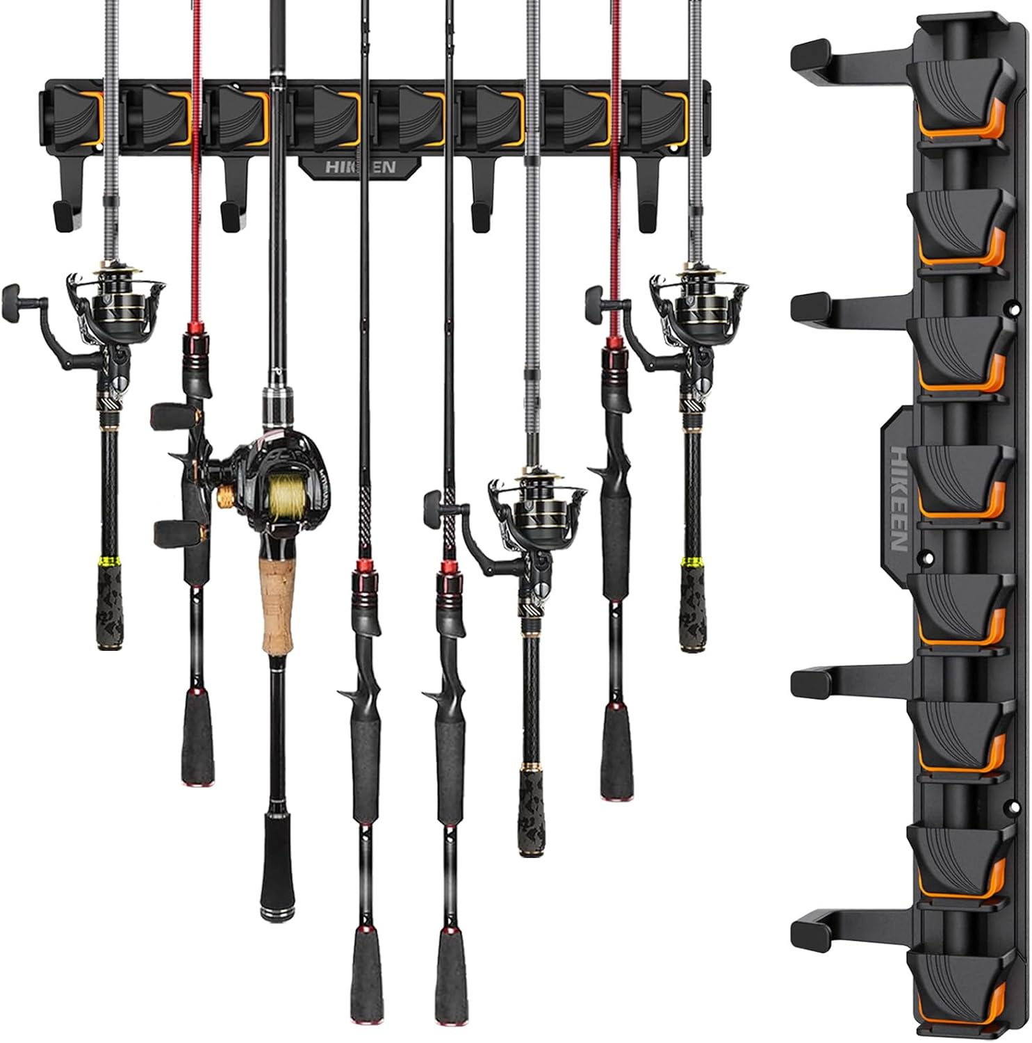Hikeen Fishing Rod Holders, Wall Mounted Fishing Rod Rack, Fishing Pole Holder Holds up to 8 Rods or Combos, Fishing Rod Holders for Garage with 4 Hooks, Orange, 1 Pack image number 6