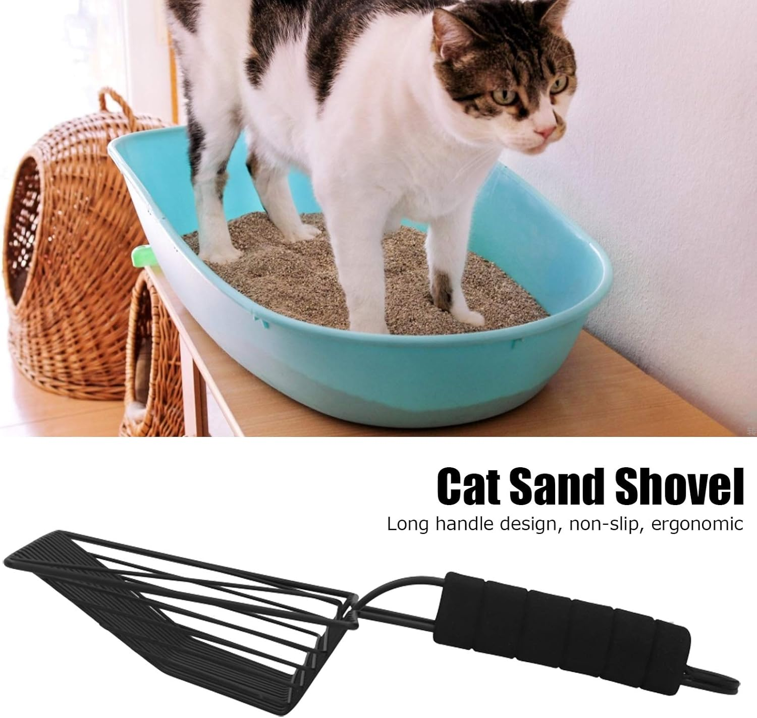 Cat Litter Scoop Cleaning Shovel, Black Reusable Metal Cat Litter Sand Scoop, Non Stick Sifter with Deep Shovel, Pet Cat Cleaning Supplies(L) image number 1