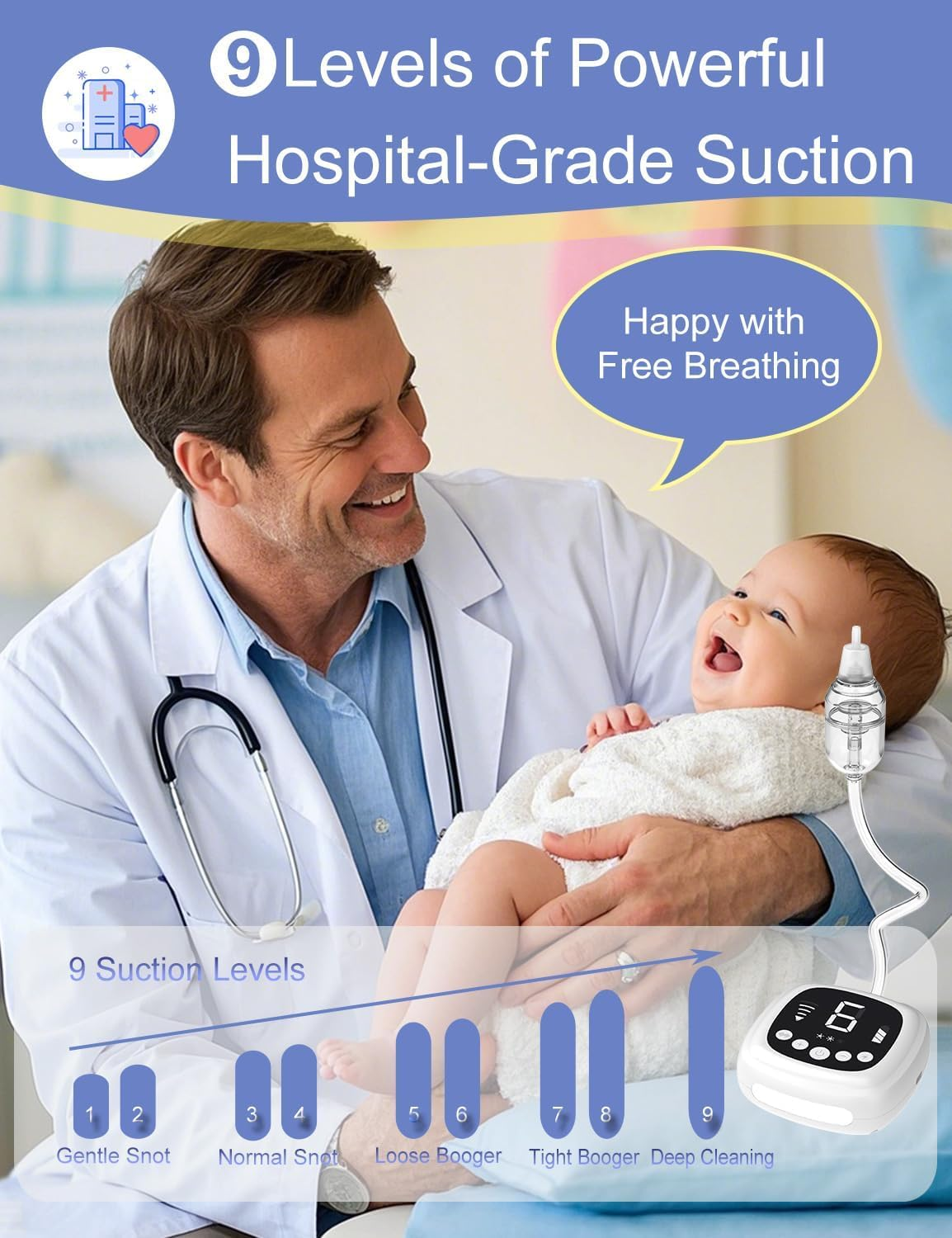 Koeay Nasal Aspirator for Baby, 9 Levels Suction Hospital Grade Baby Nose Sucker, 5 Food-Grade Silicone Tips Electric Nose Aspirator with Night Light and Nursery Rhyme Soothing Function for Toddlers image number 3