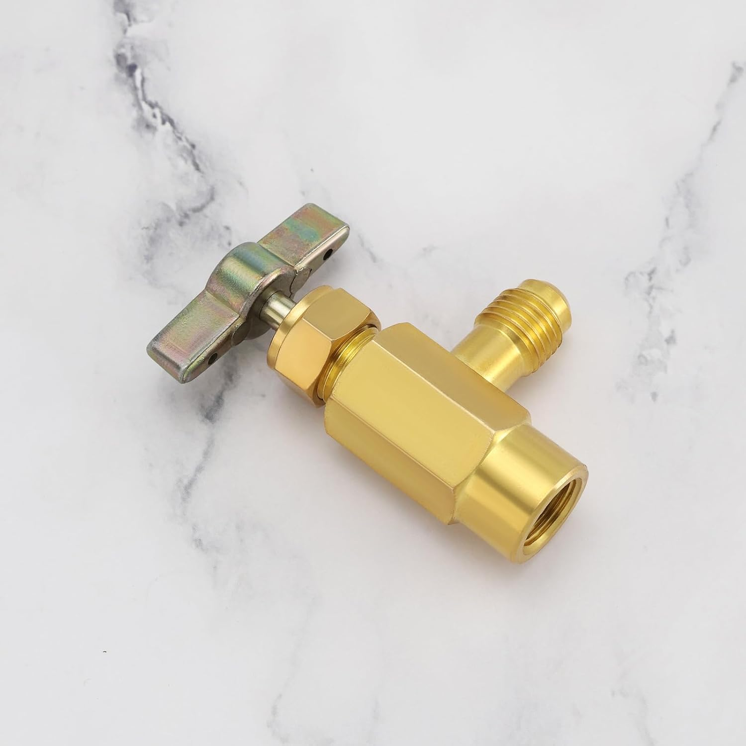 YINETTECH R600A Refrigerant Valve Bottle Opener Brass 7/16" Female Thread to 1/4" SAE Male Thread Self-Sealing Can Tap Adapter for Air Conditioning Refrigerant image number 1