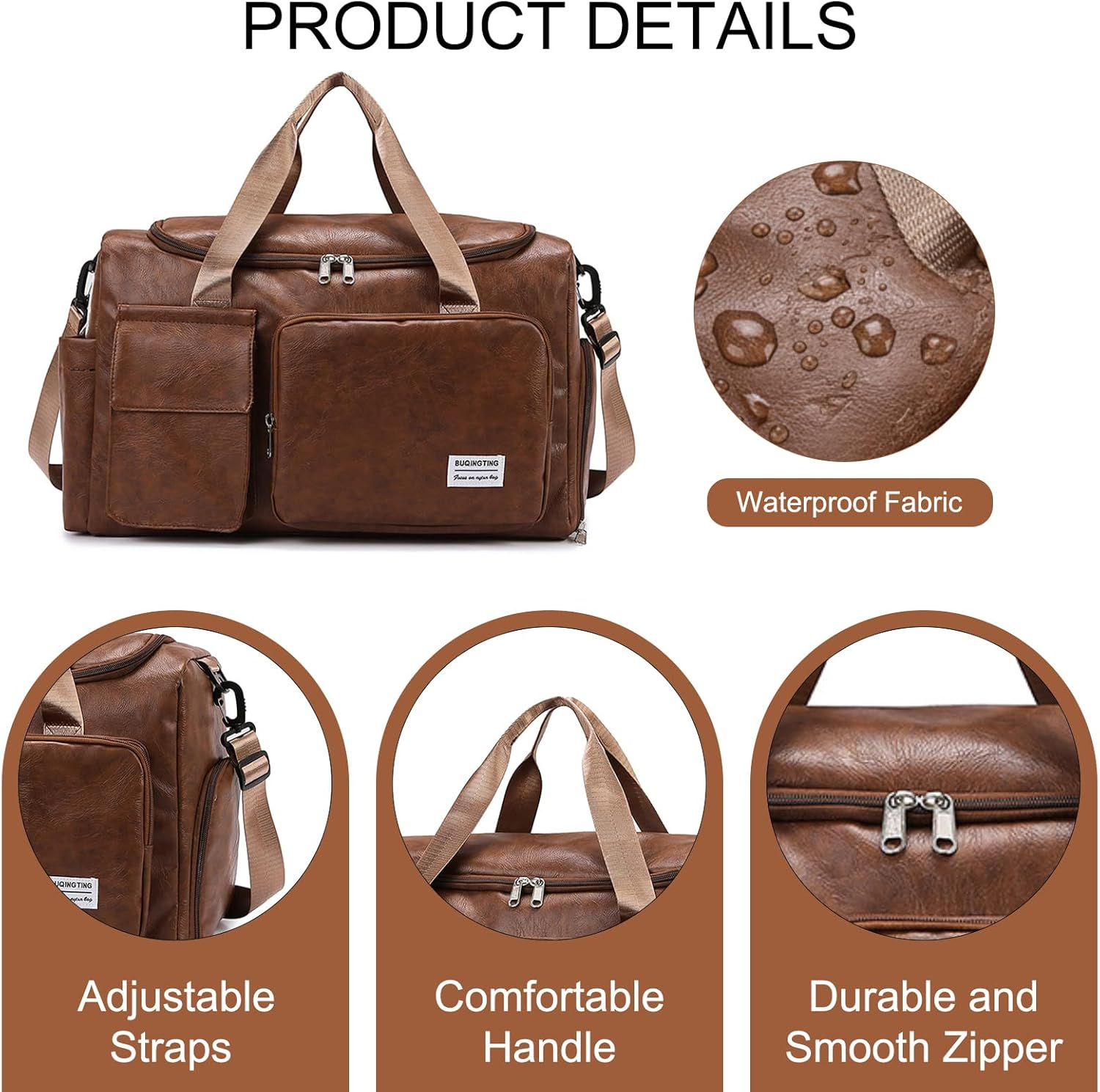 Small Leather Travel Bag with Shoe Pouch, Carry on Weekender Overnight Bag Waterproof Travel Duffel Bags Gym Bags for Men or Women, Brown image number 1