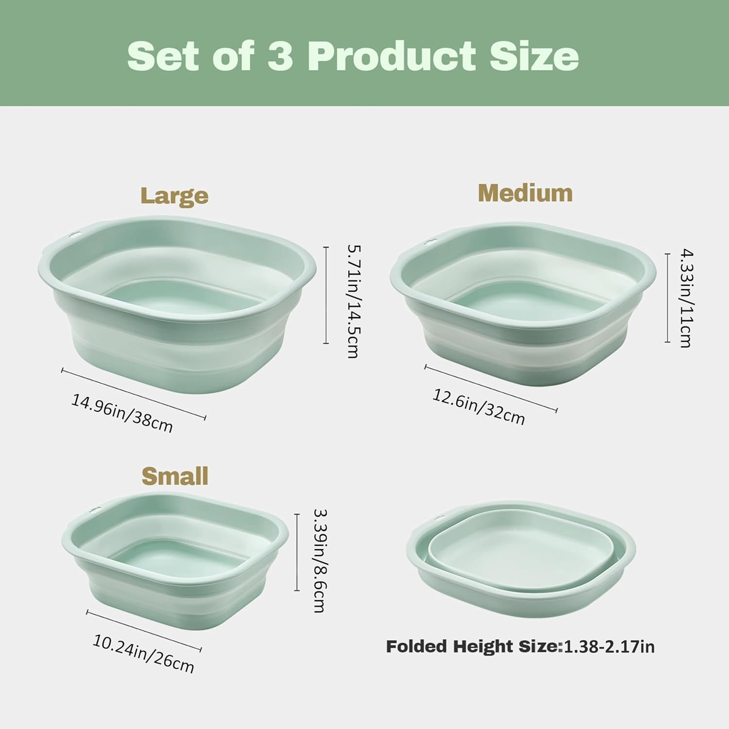 Collapsible Wash Basin Set, Portable Laundry Tub, 3-Pack, Foldable Design (Green) - Green image number 6