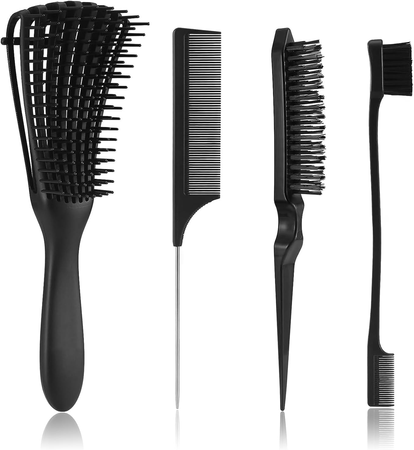 Detangling Brush with Hair Styling Comb Set, Hair Brushes for Women Men Kids Curly Hair, Hair Brush Set Include Detangler Brush Teasing Hair Brush Rat Tail Comb Edge Brush (Black)