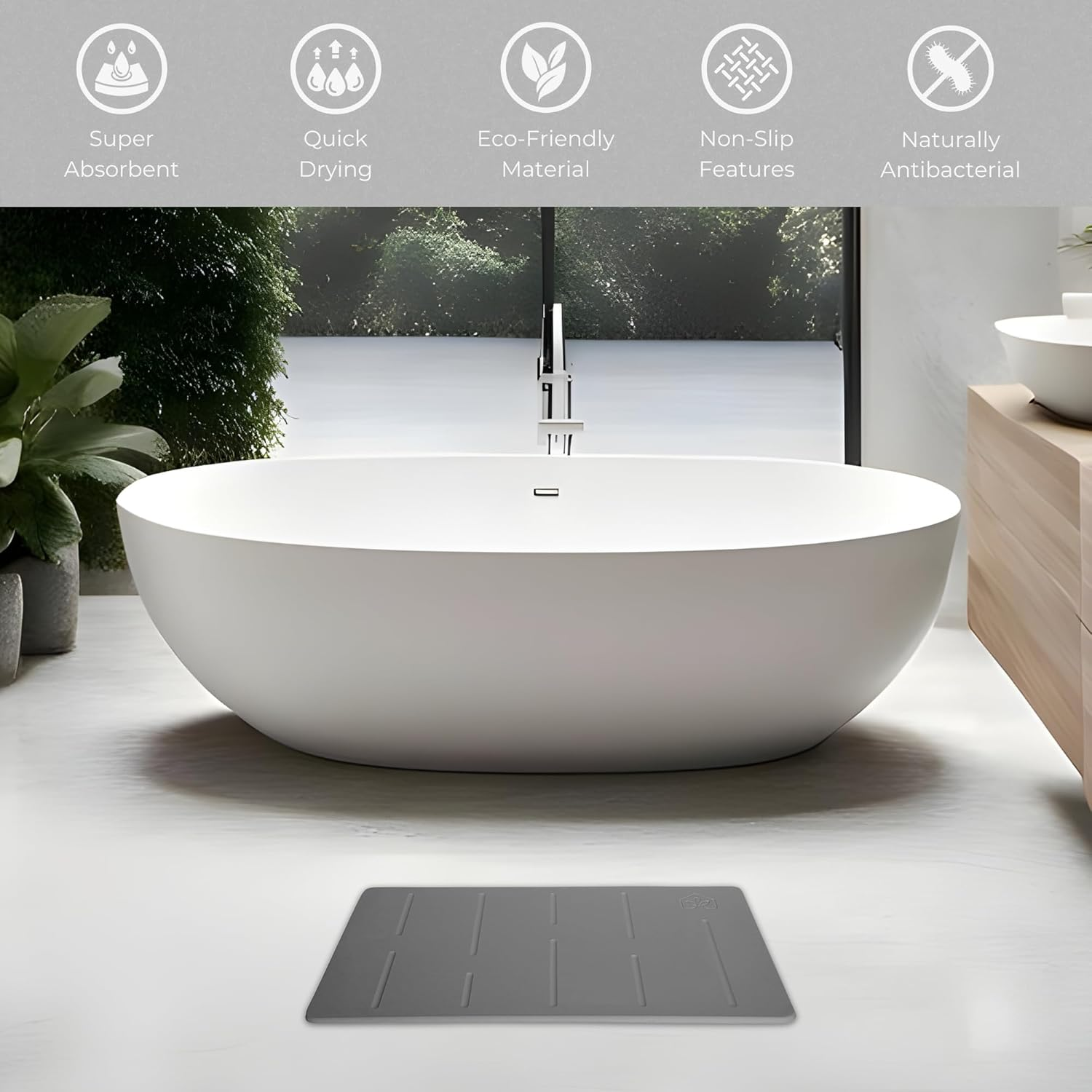 Natureva Home - Stone Bath Mat | Super Absorbent, Quick Dry, Non Slip | Modern Diatomite Bathroom Mats | Made of Natural Diatomaceous Earth | Absorbing Water Instantly I Design Rain | Colour Graphite