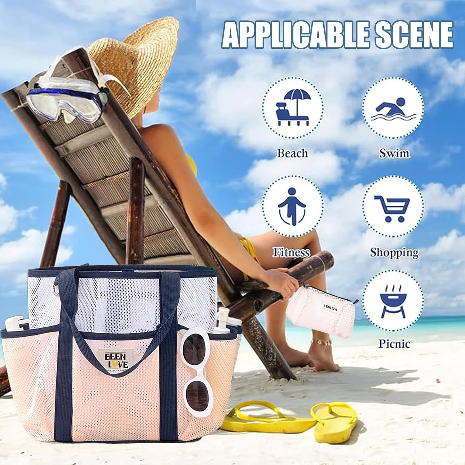 NHEWMAS Mesh Beach Bag Swimming Bag - Large Beach Tote Bag & Clutch Bag Set for Family Pool for Swimwear Sunglasses Toys and Vacation Essentials (Light Pink)