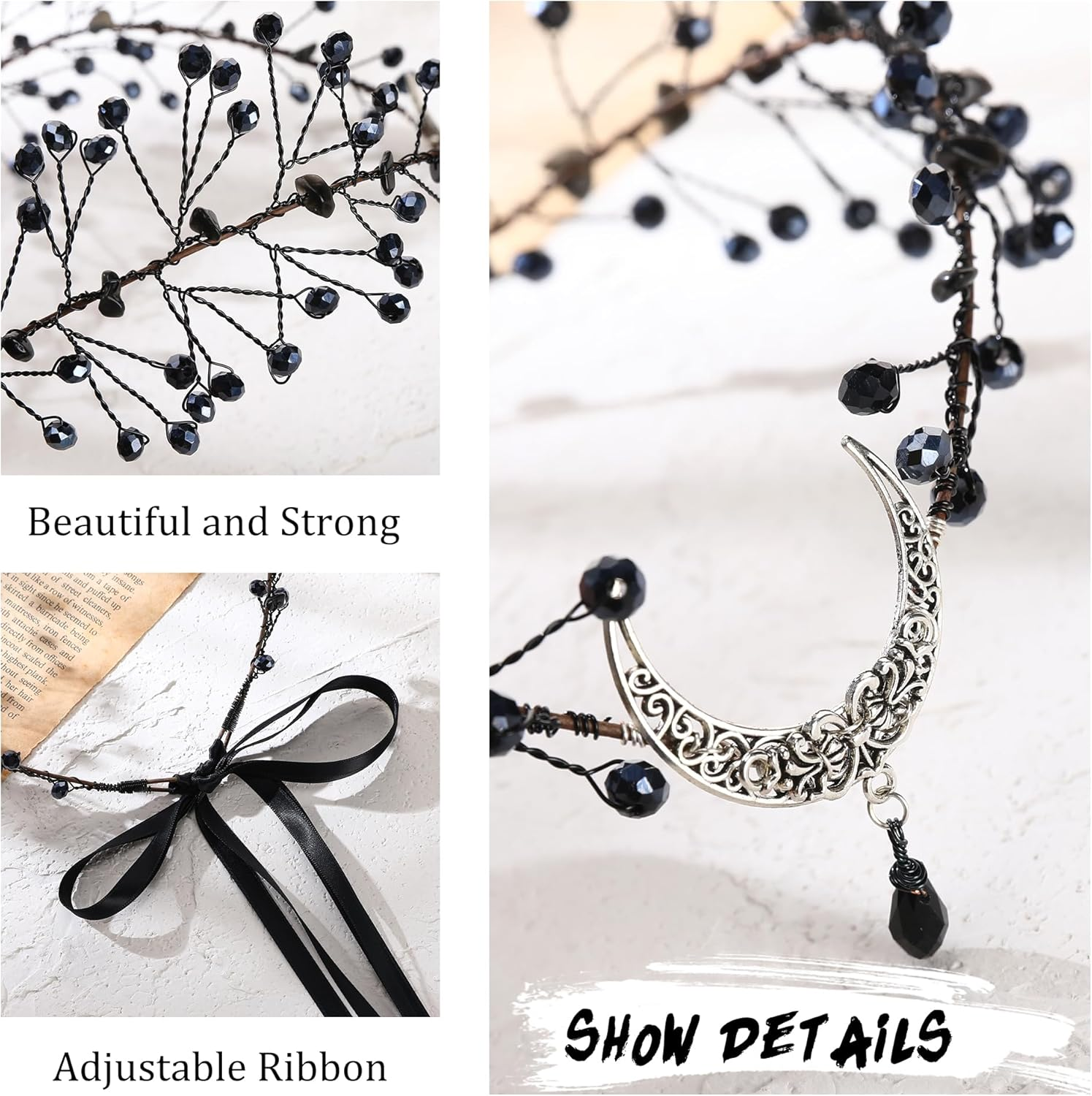 MOSTORY Moon Fairy Crown Tiara for Women, Gothic Black Crystal Elf Crown Headband for Renfaire Halloween Cosplay