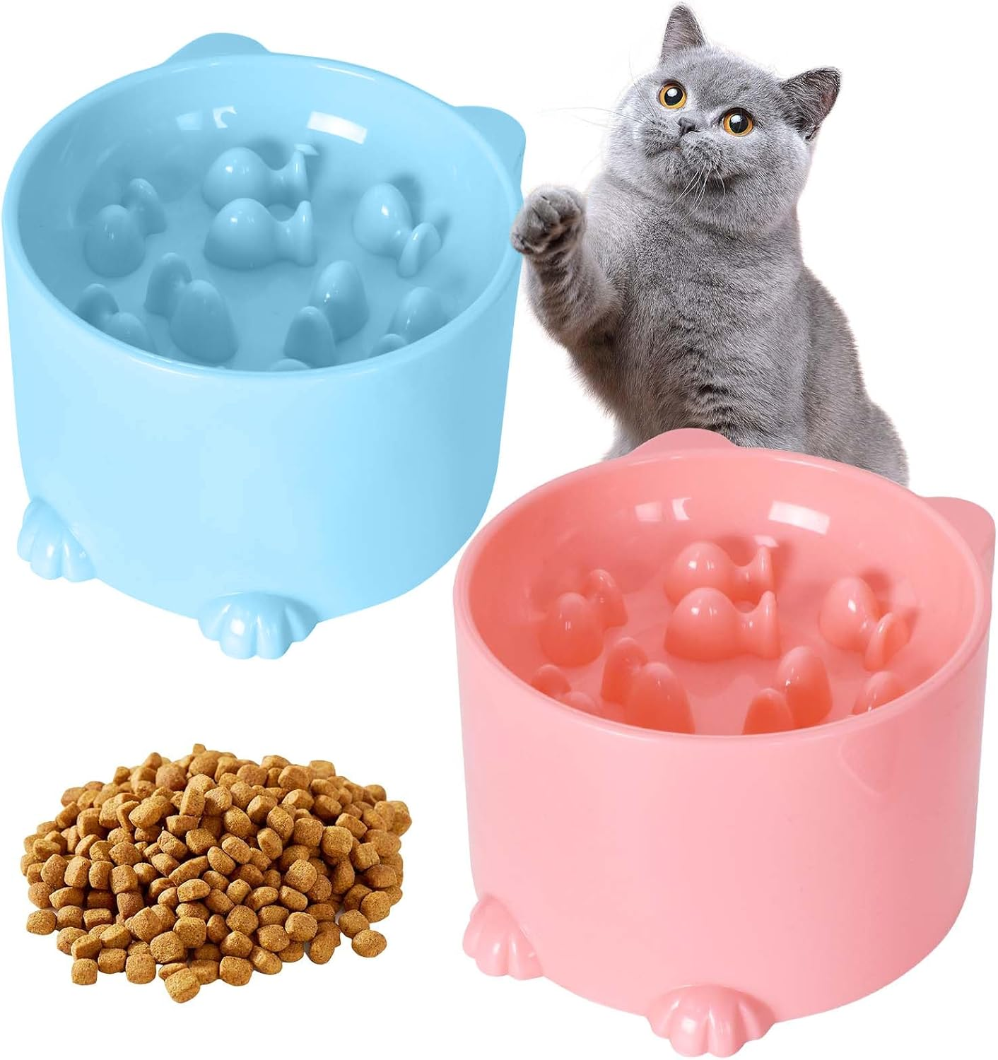 2 Pack Slow Feeder Cat Bowls, Raised Spill Proof Slow Eating Pet Food Dishes for Neck Support, Cat Puzzle Feeder anti Gulping, Suitable for Cats and Small Dogs (Pink, Blue) image number 4