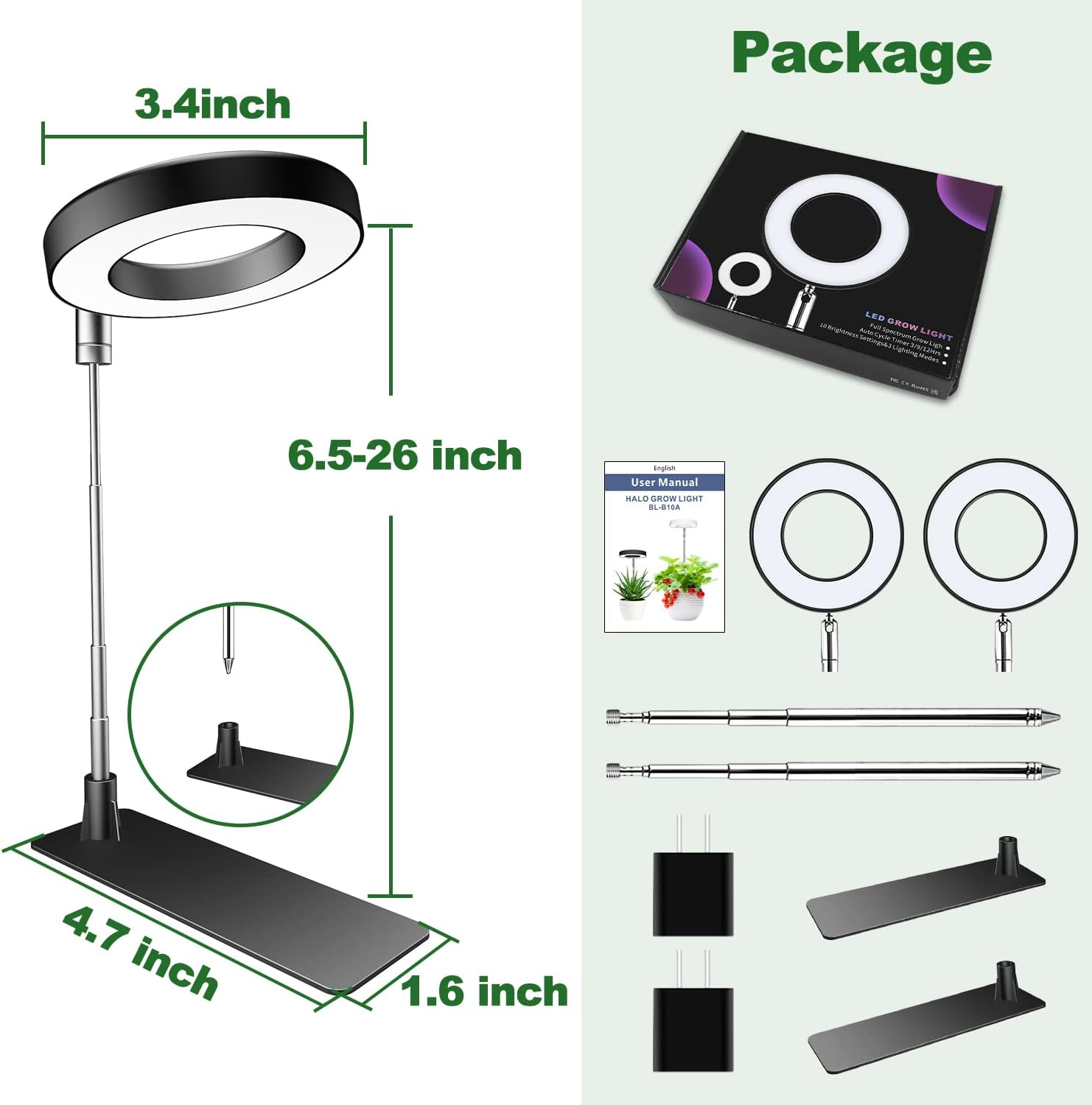 Aokrean Grow Lights for Indoor Plants, 48 LED Full Spectrum Plant Light for Indoor Plants, Height Adjustable Grow Lamp with Base, 3 Optional Spectra, Autotimer 3/9/12 Hours, 10 Brightness, 2 Packs image number 5