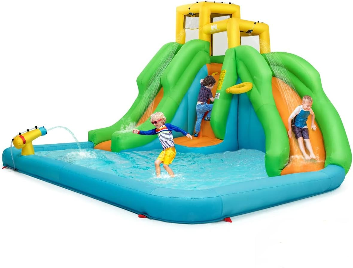 HONEY JOY Inflatable Water Slide, 6 in 1 Inflatable Castle Water Park W/Climbing Wall, Basketball Rim, Large Bounce House, Splash Pool, Water Cannon, Kids Water Slides for Backyard (Without Blower) image number 4