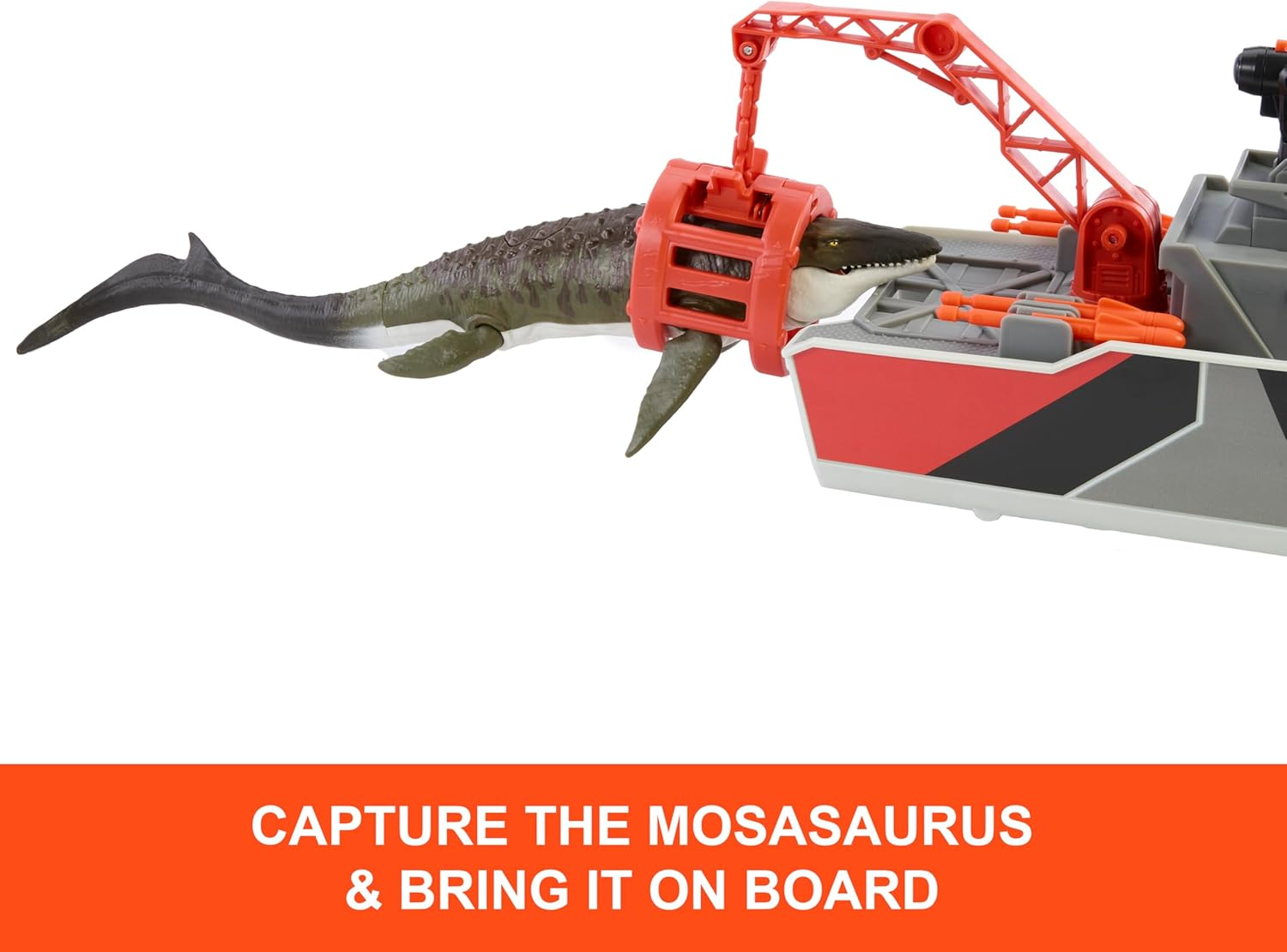 Mattel Matchbox Toy Car Playset, Jurassic World 12.5&rdquo; Dino Boat with 13&rdquo; Mosasaurus Dinosaur, 1:64 Die-Cast Jeep, Harpoon Missiles & Detachable Rescue Boat image number 1