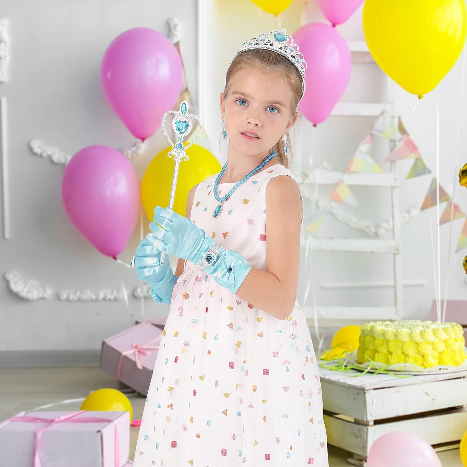 Princess Dress up Party Accessories for Princess Costume Gloves Tiara Wand Necklace Earrings Bracelet and Ring Gift Set 9Pcs image number 2